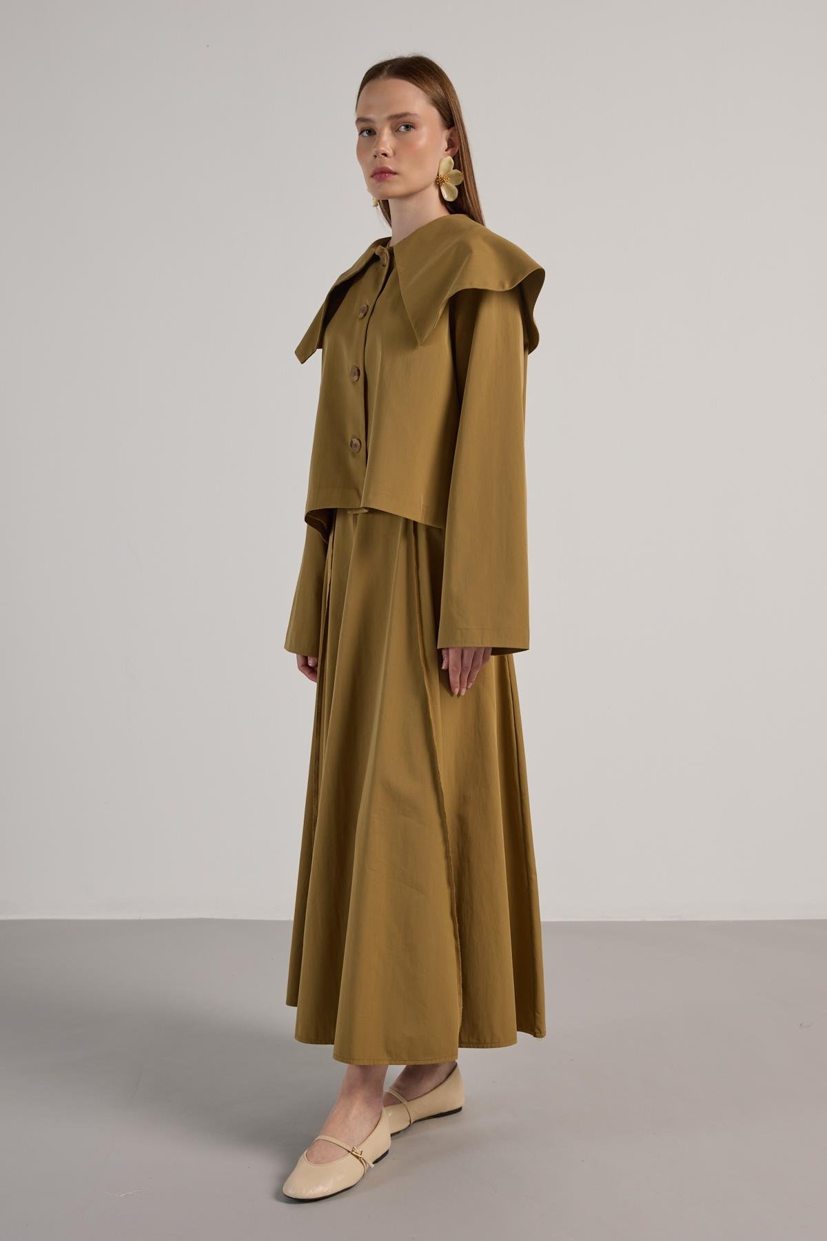 Kadın Yağ Yeşili Premium Tasarım Kısa Trençkot 30011