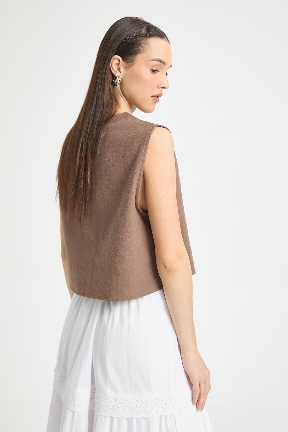 Kahve Bağcıklı Kısa %100 Pamuk Yelek 29204