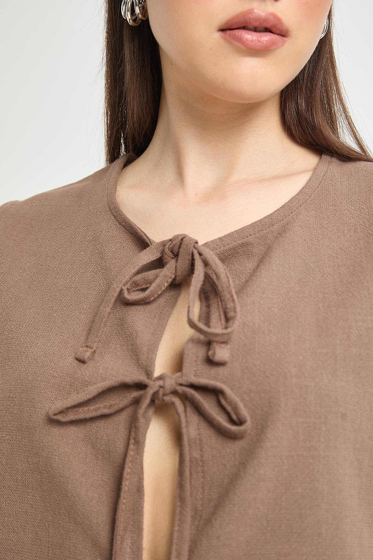 Kahve Bağcıklı Kısa %100 Pamuk Yelek 29204