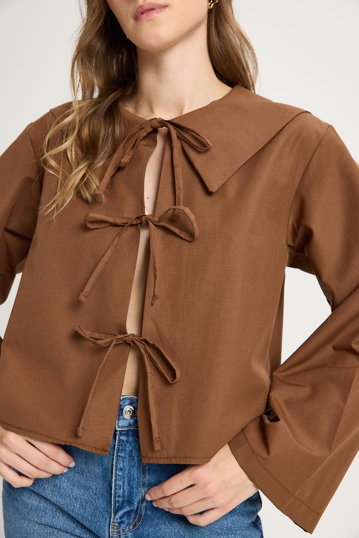 Kahve Bağlama Detaylı Poplin Bluz 30012