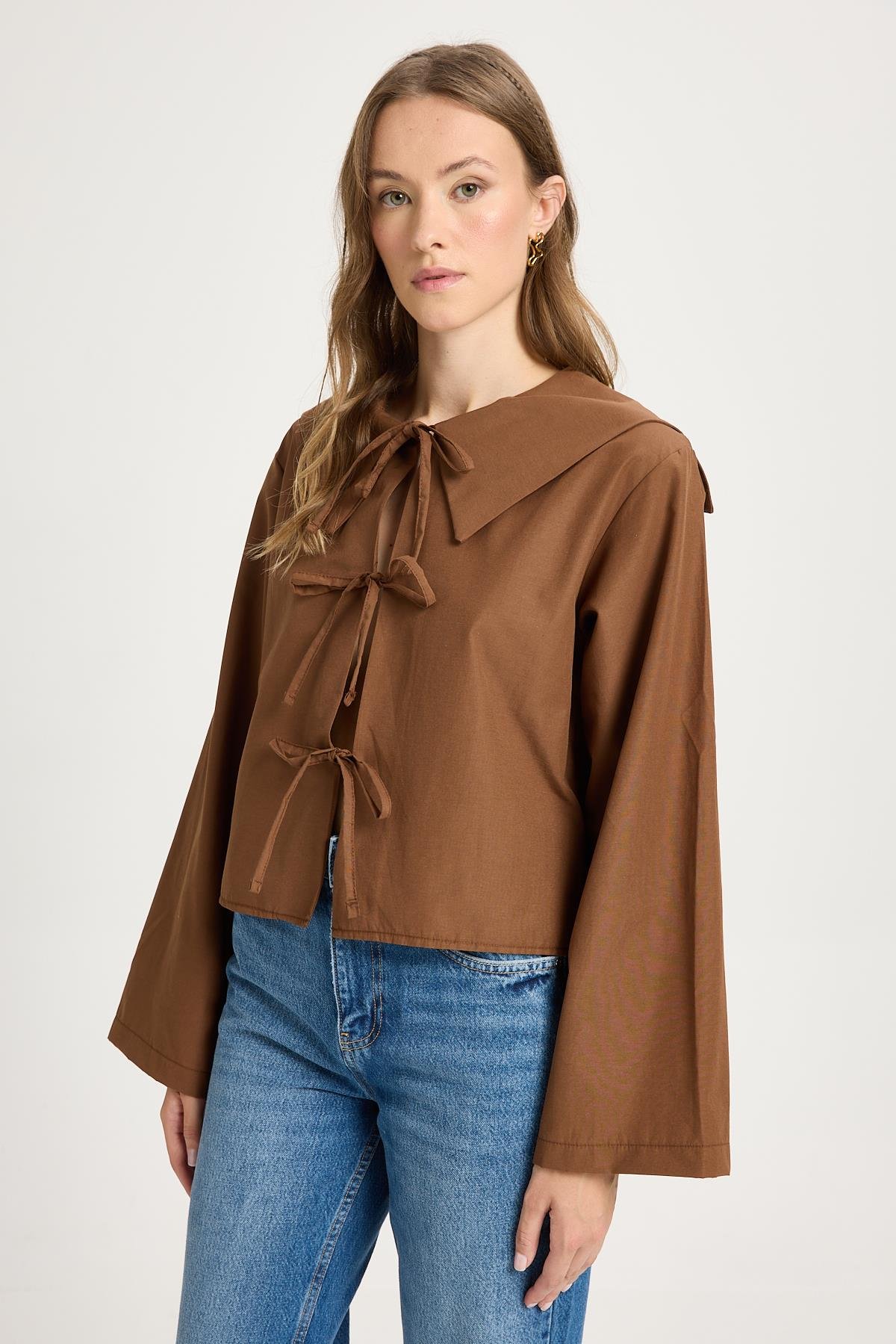 Kahve Bağlama Detaylı Poplin Bluz 30012