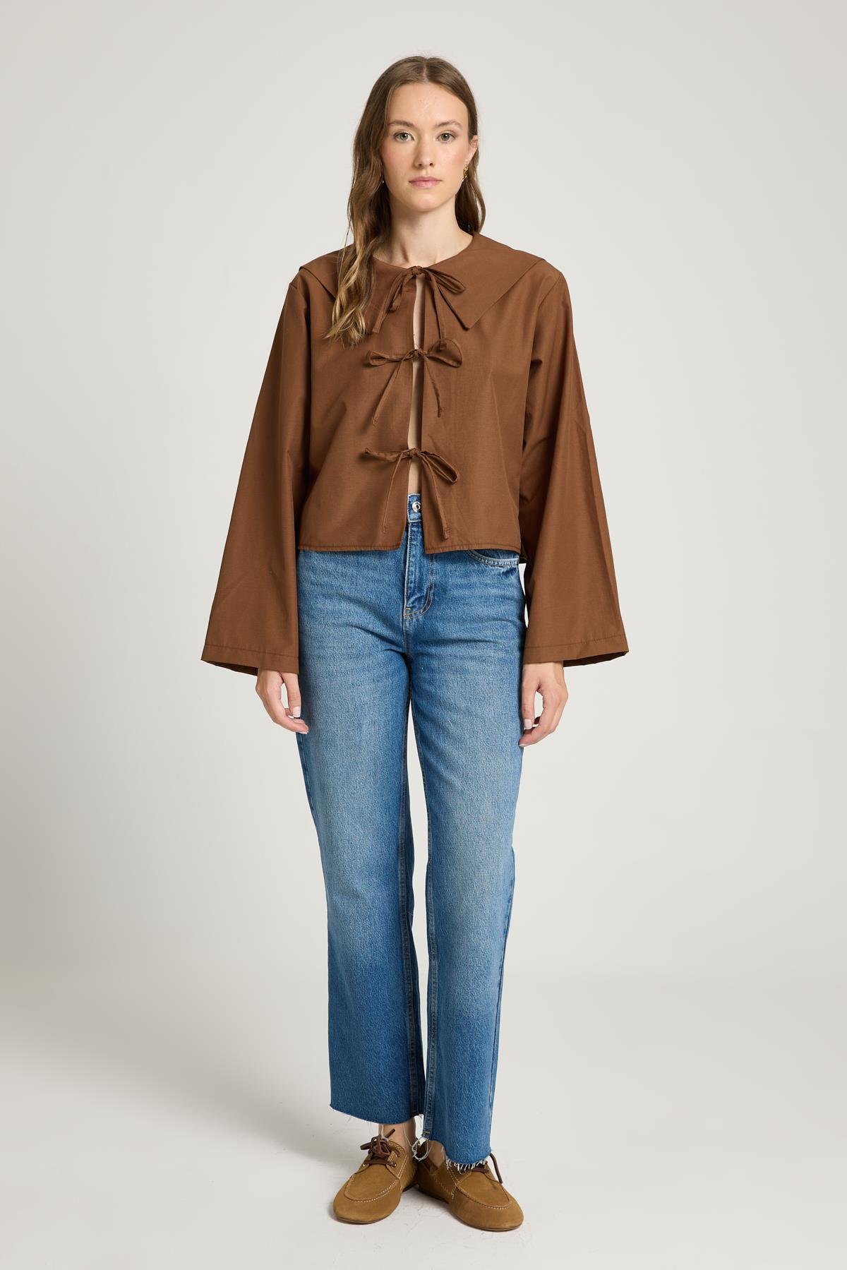 Kahve Bağlama Detaylı Poplin Bluz 30012