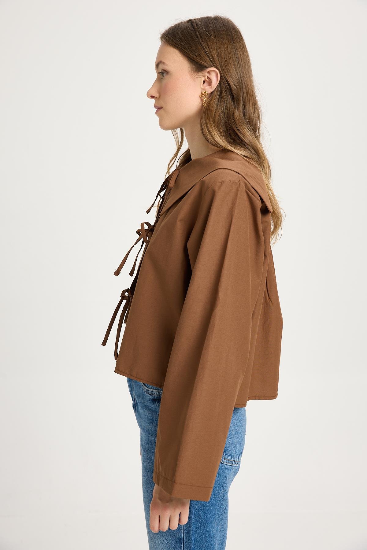 Kahve Bağlama Detaylı Poplin Bluz 30012