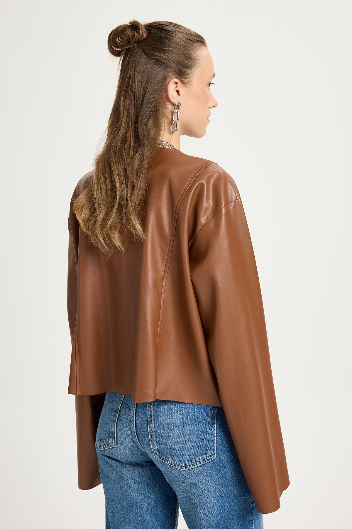 Kahve Deri Önden Bağlamalı Kısa Ceket Kimono 30023