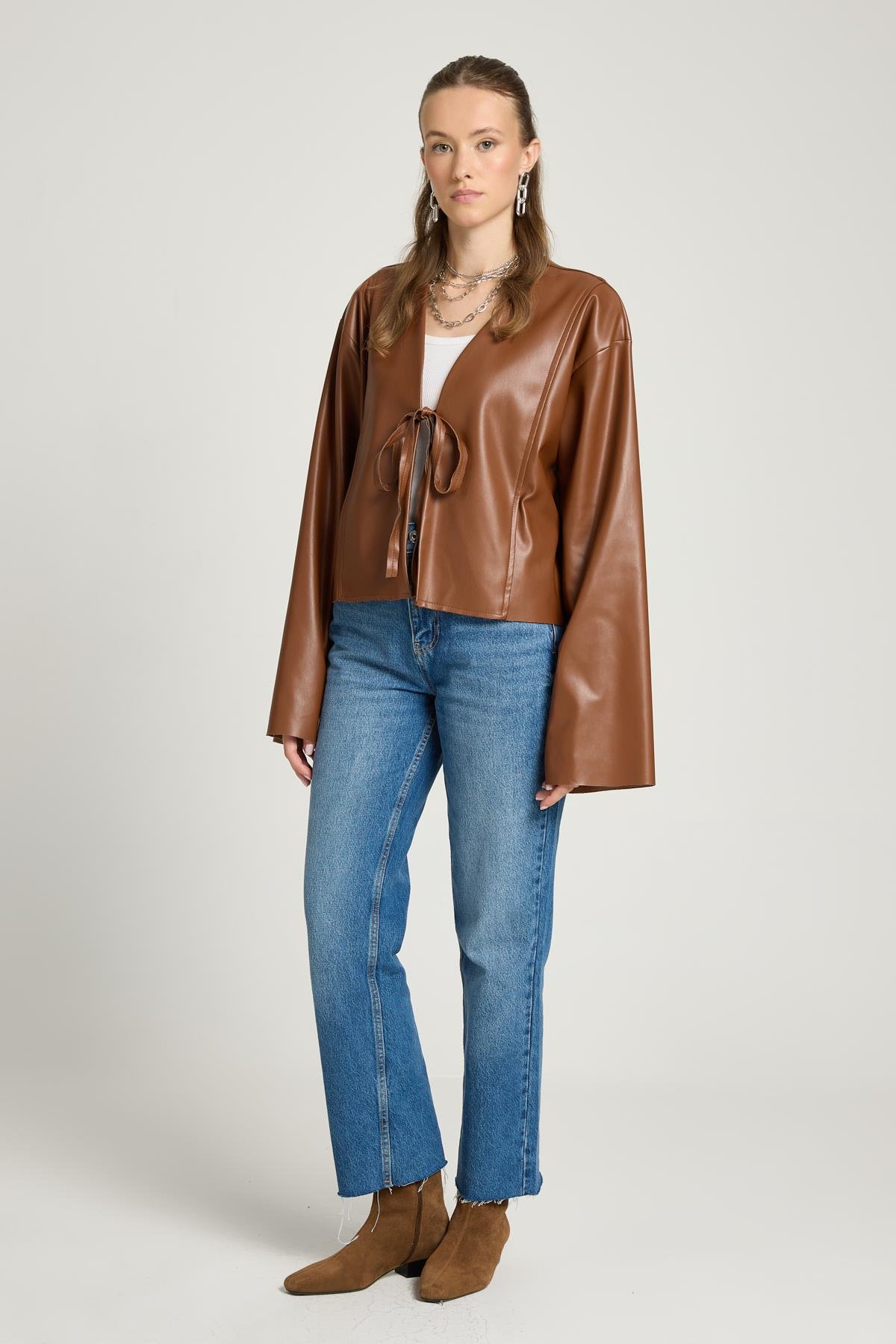 Kahve Deri Önden Bağlamalı Kısa Ceket Kimono 30023