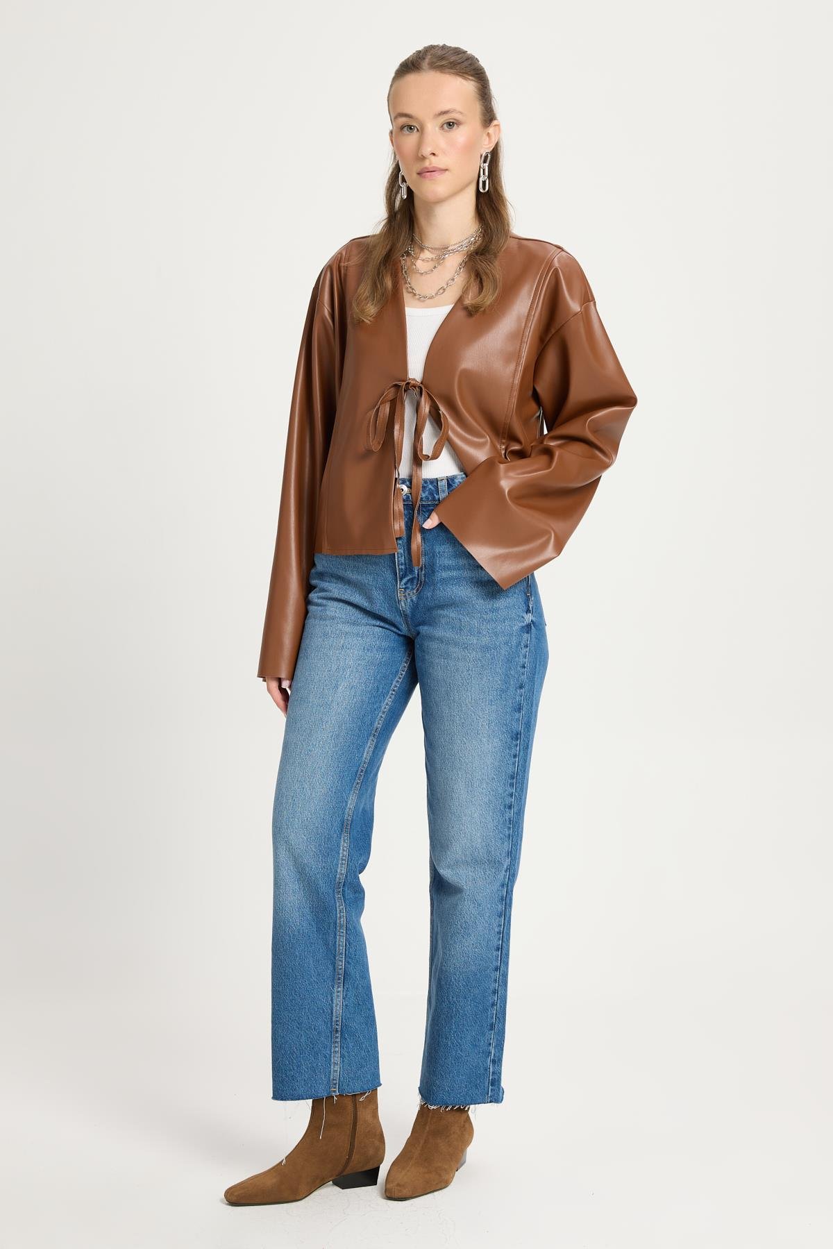 Kahve Deri Önden Bağlamalı Kısa Ceket Kimono 30023