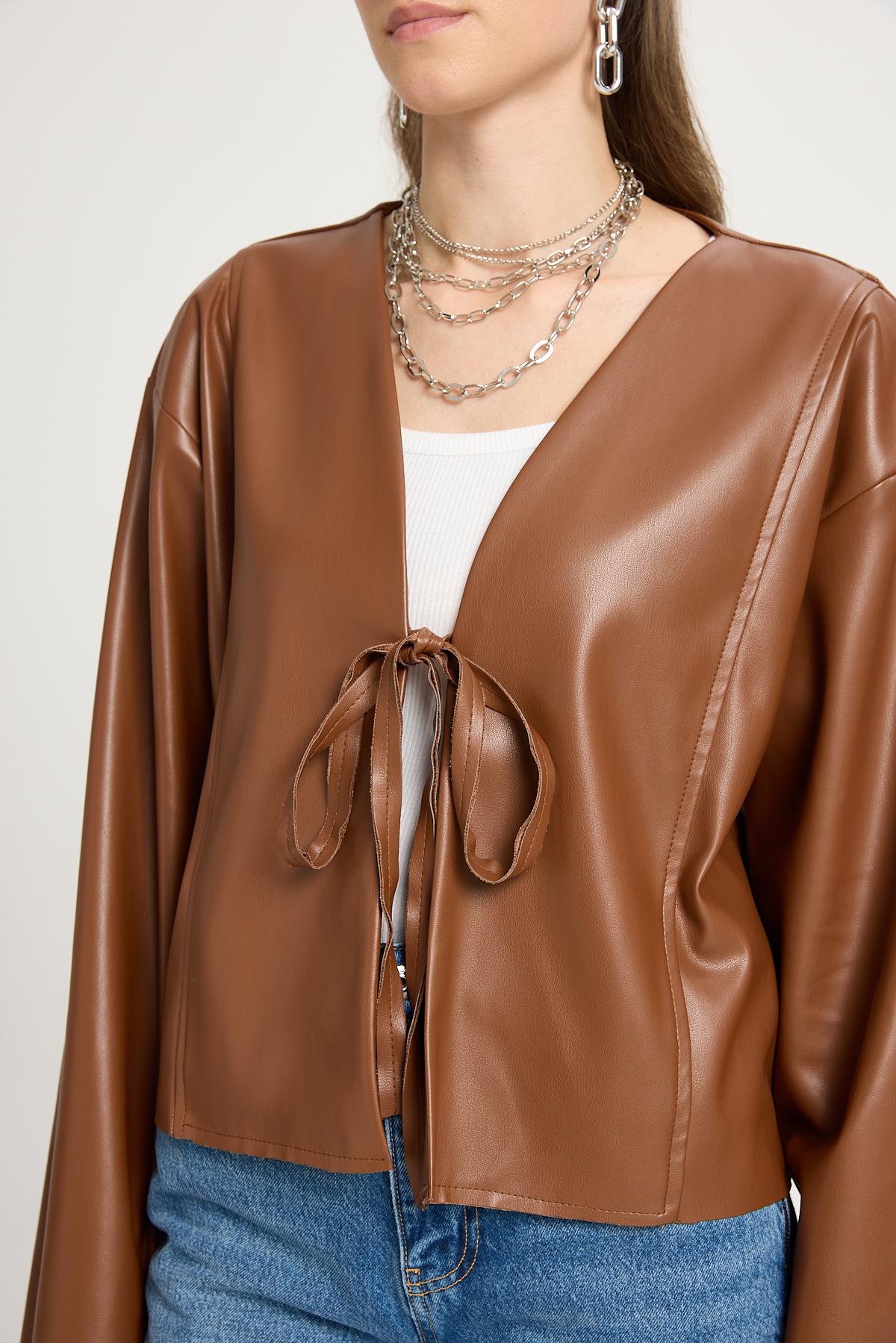 Kahve Deri Önden Bağlamalı Kısa Ceket Kimono 30023