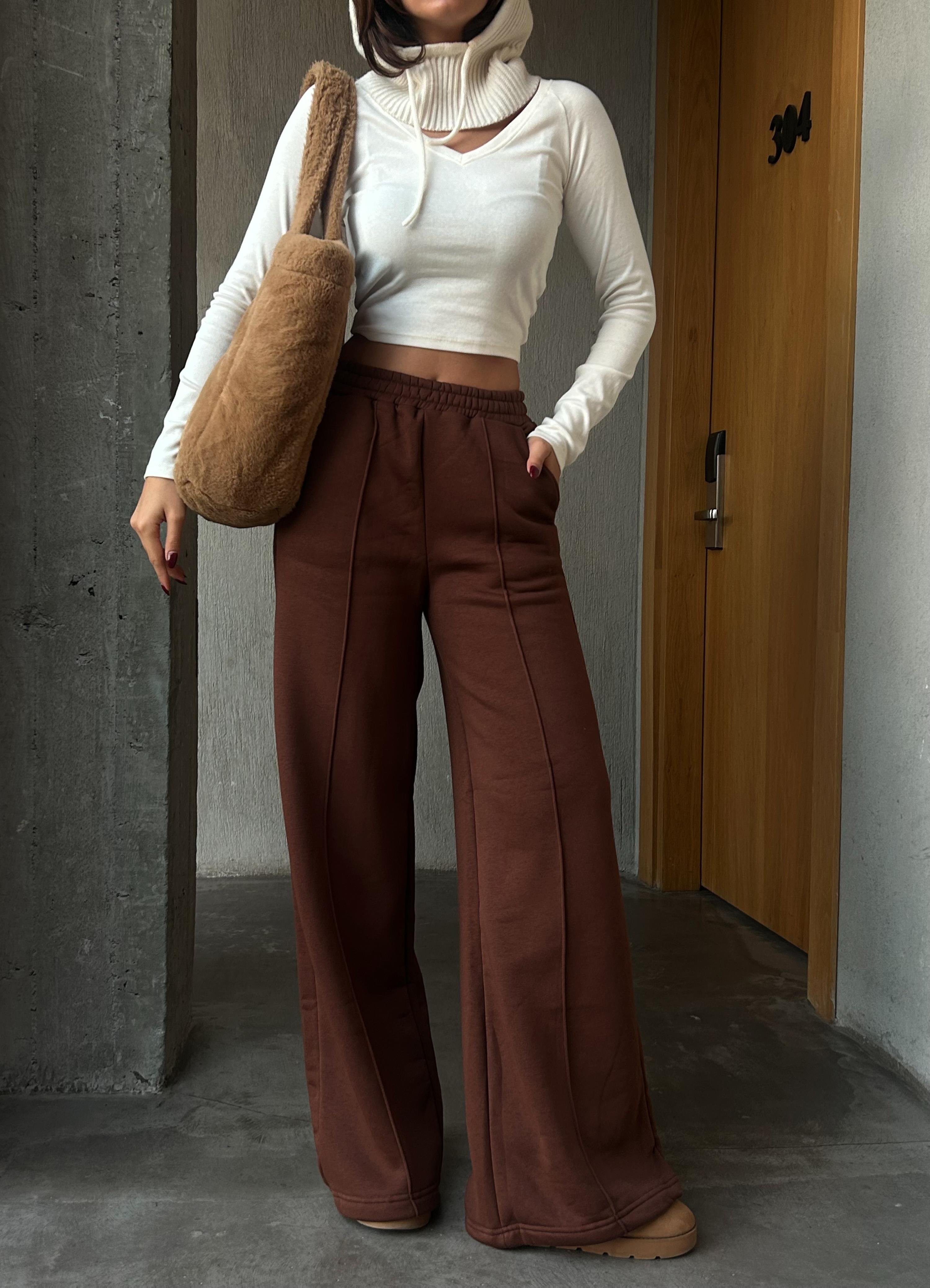 Kahve Geniş Kesim Beli Lastikli Şardonlu Eşofman Altı 