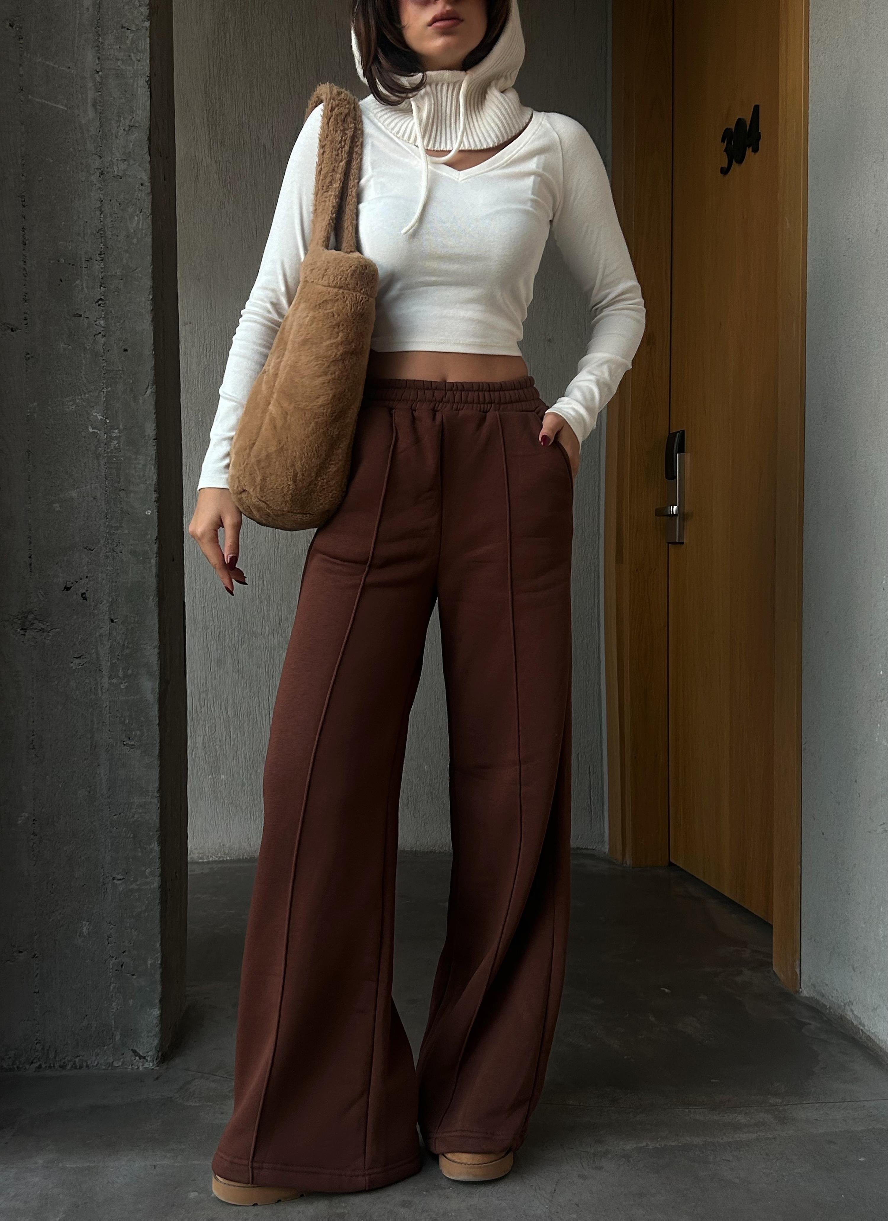 Kahve Geniş Kesim Beli Lastikli Şardonlu Eşofman Altı 