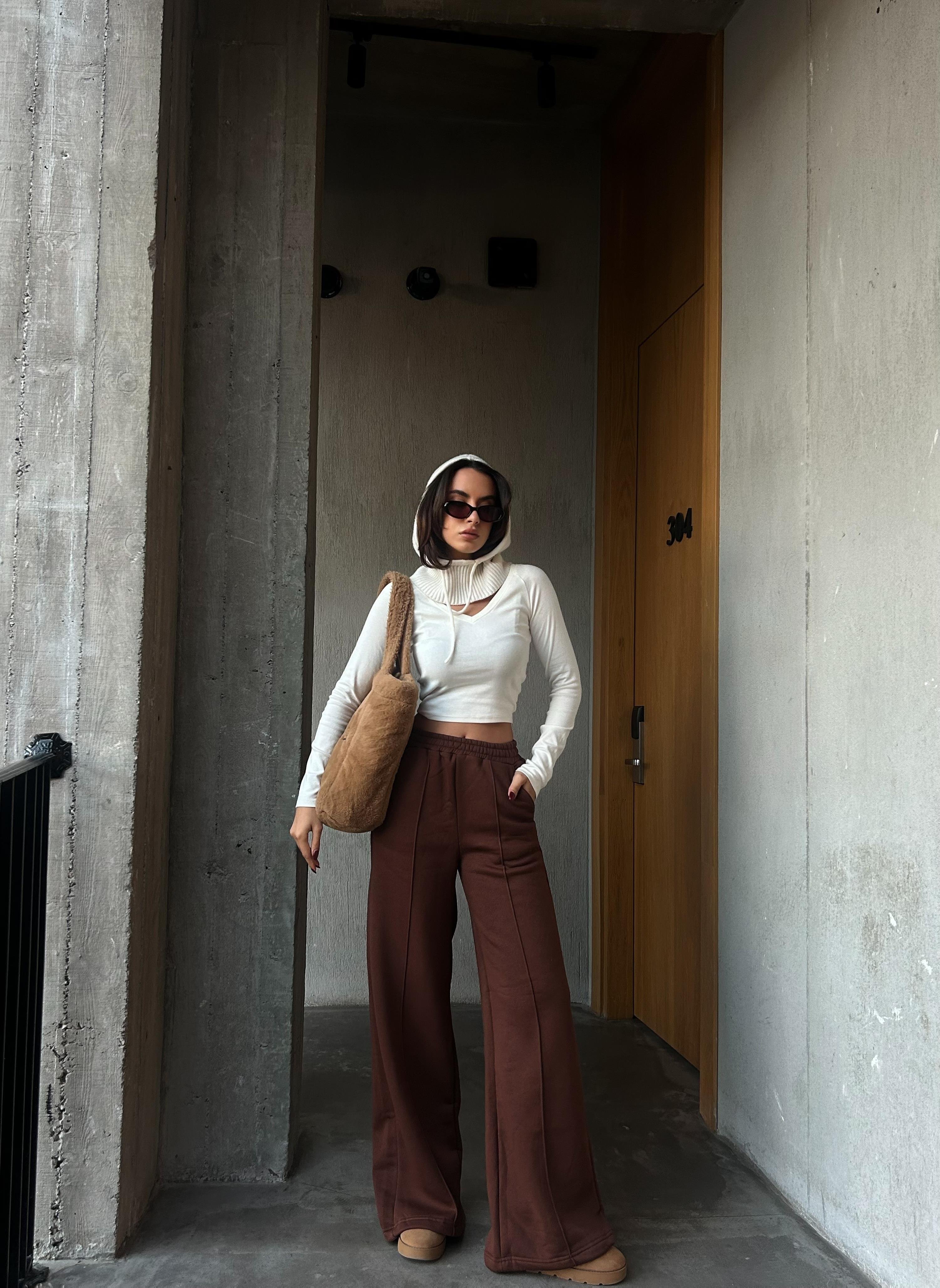 Kahve Geniş Kesim Beli Lastikli Şardonlu Eşofman Altı 