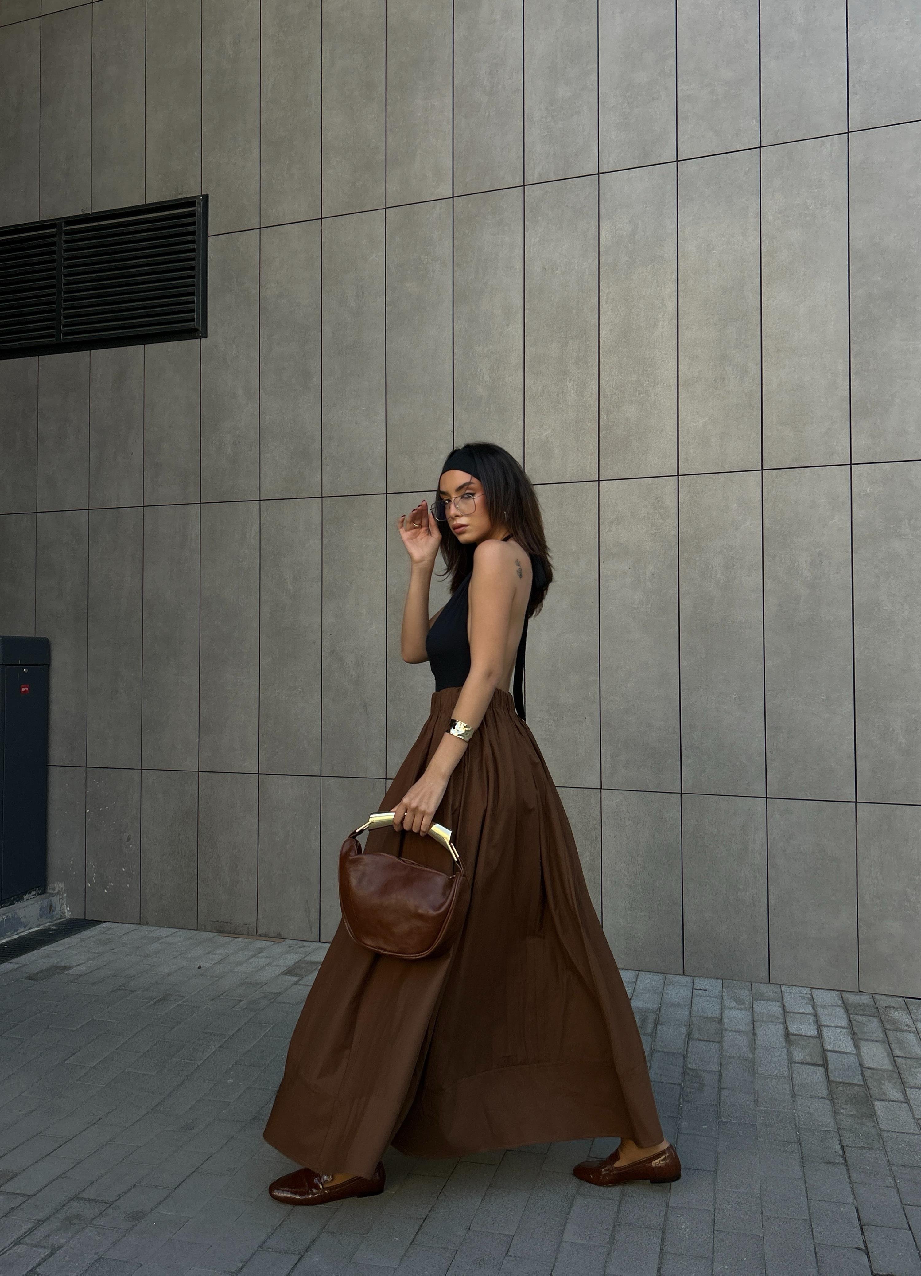 Kahve Poplin Beli Lastikli Uzun Etek 27321