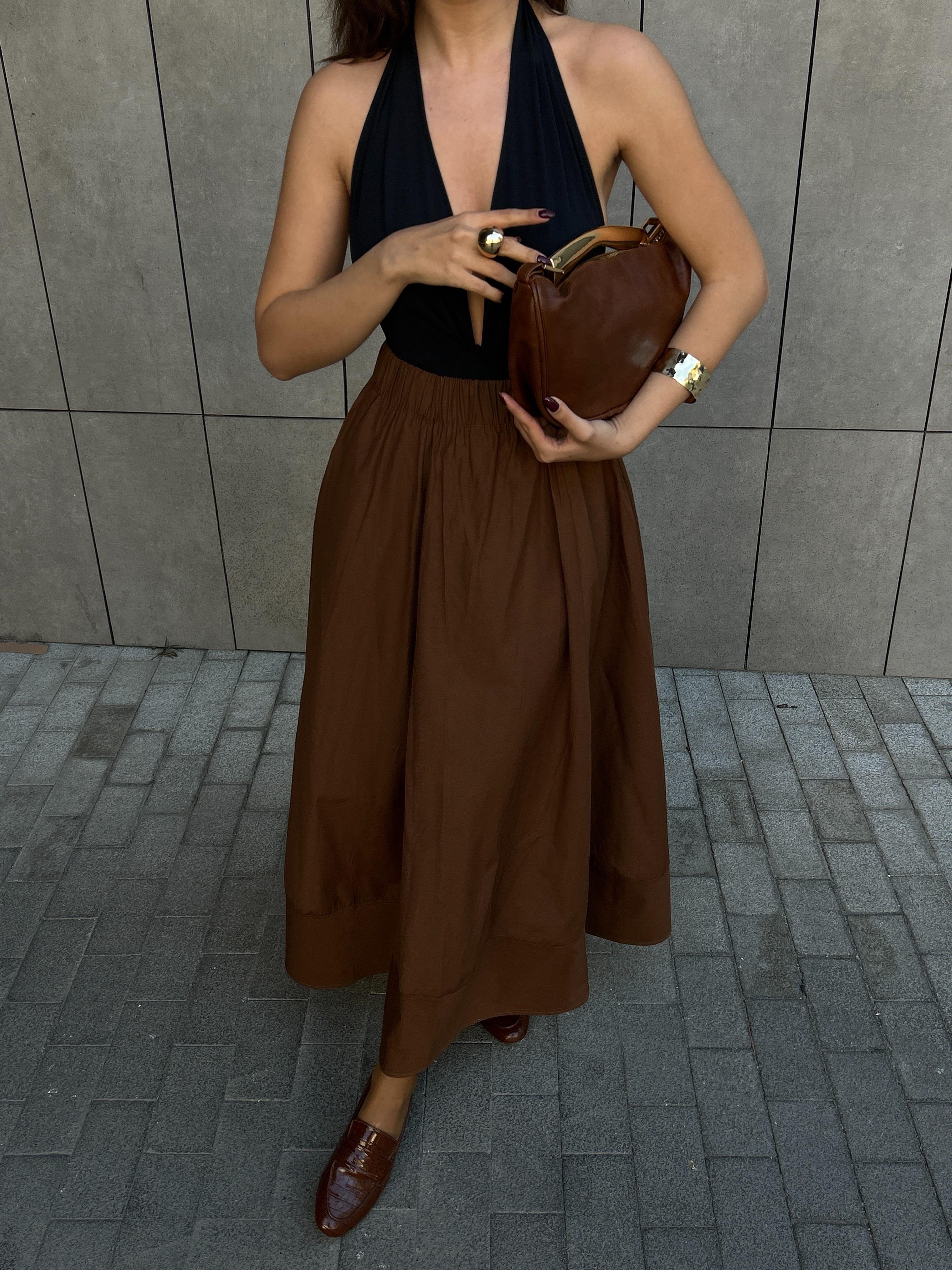 Kahve Poplin Beli Lastikli Uzun Etek 27321