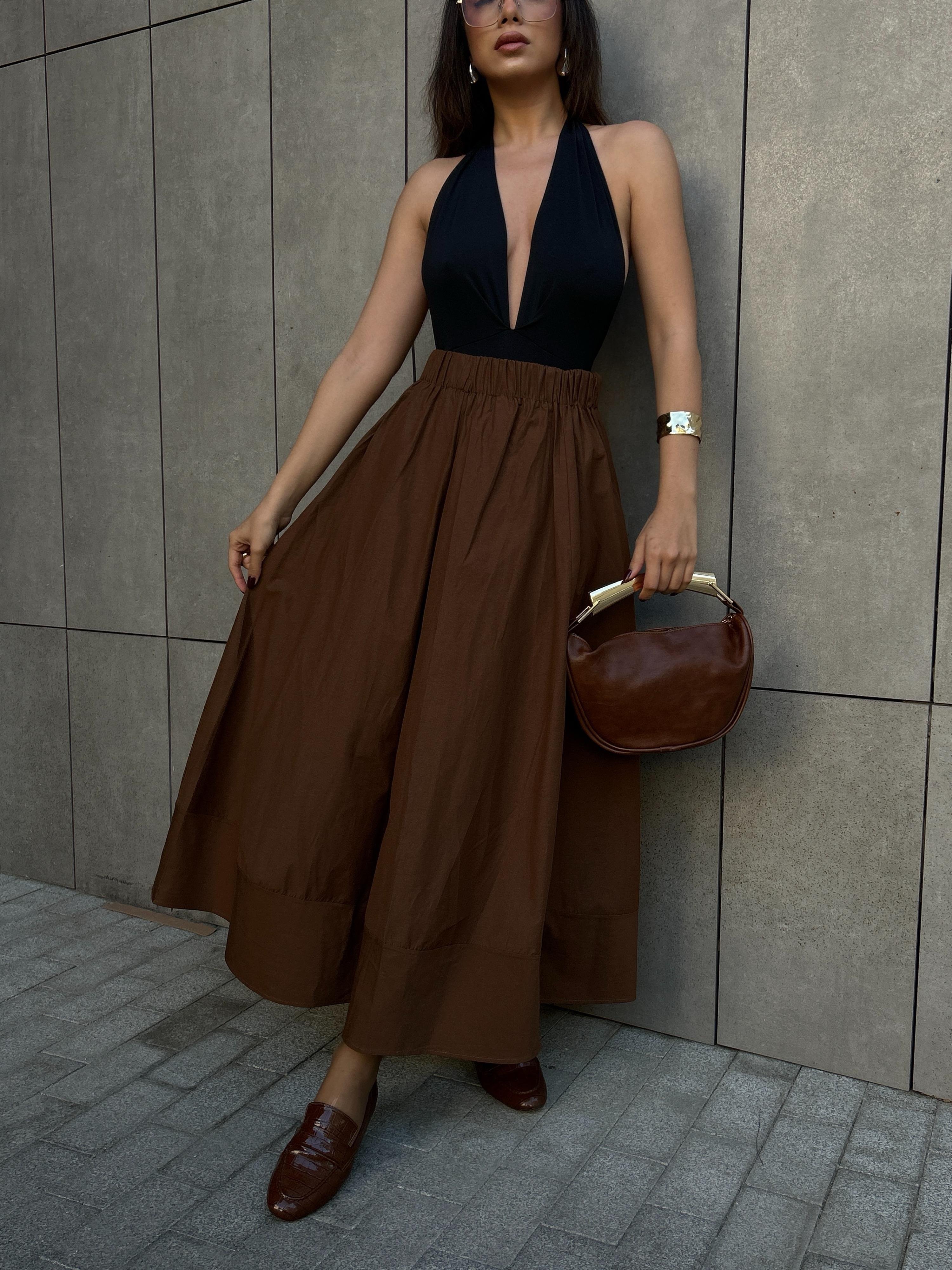 Kahve Poplin Beli Lastikli Uzun Etek 27321