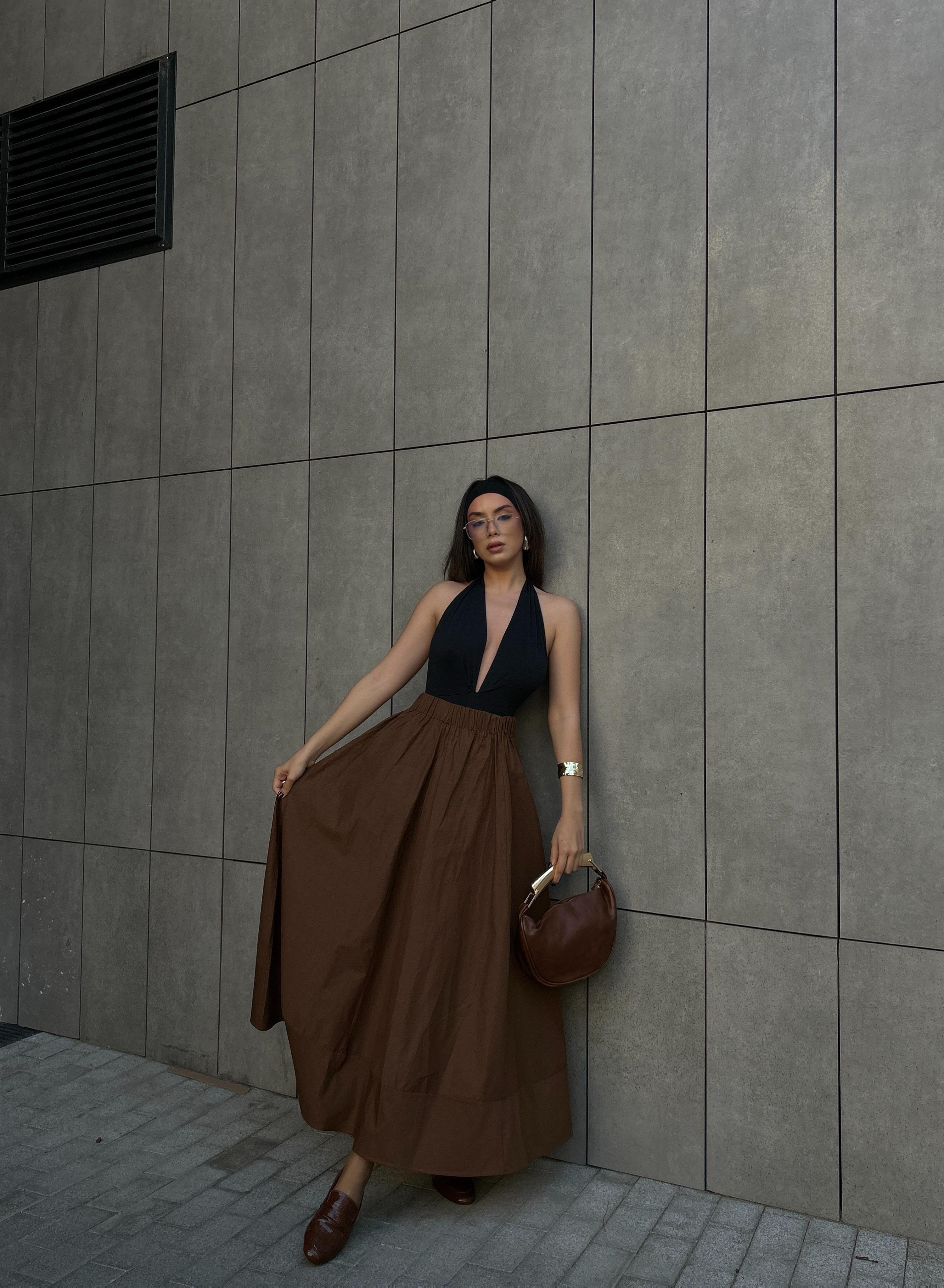 Kahve Poplin Beli Lastikli Uzun Etek 27321