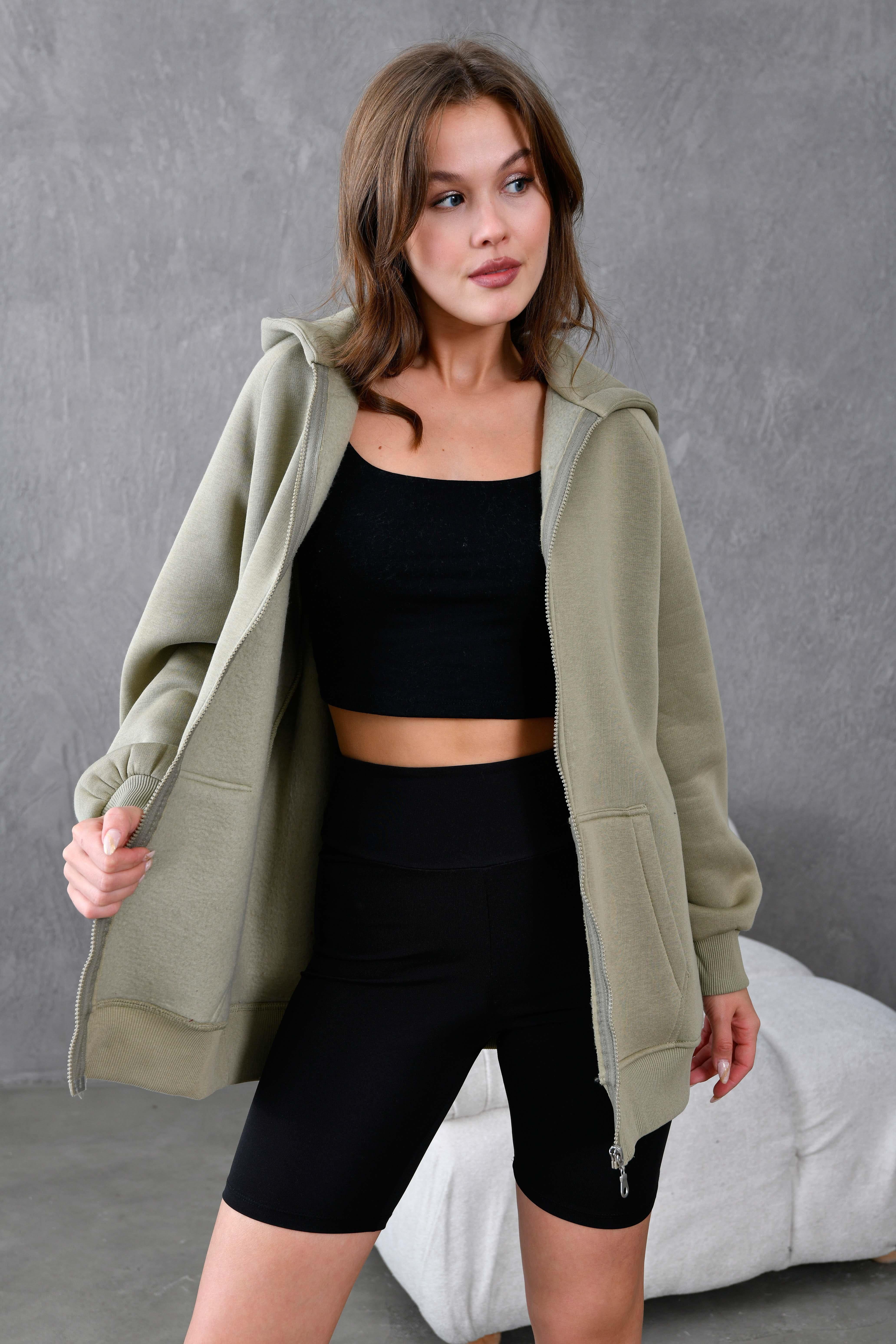 Küf Yeşili Fermuarlı Kapüşonlu Unisex Şardonlu Oversize Sweatshirt 28217