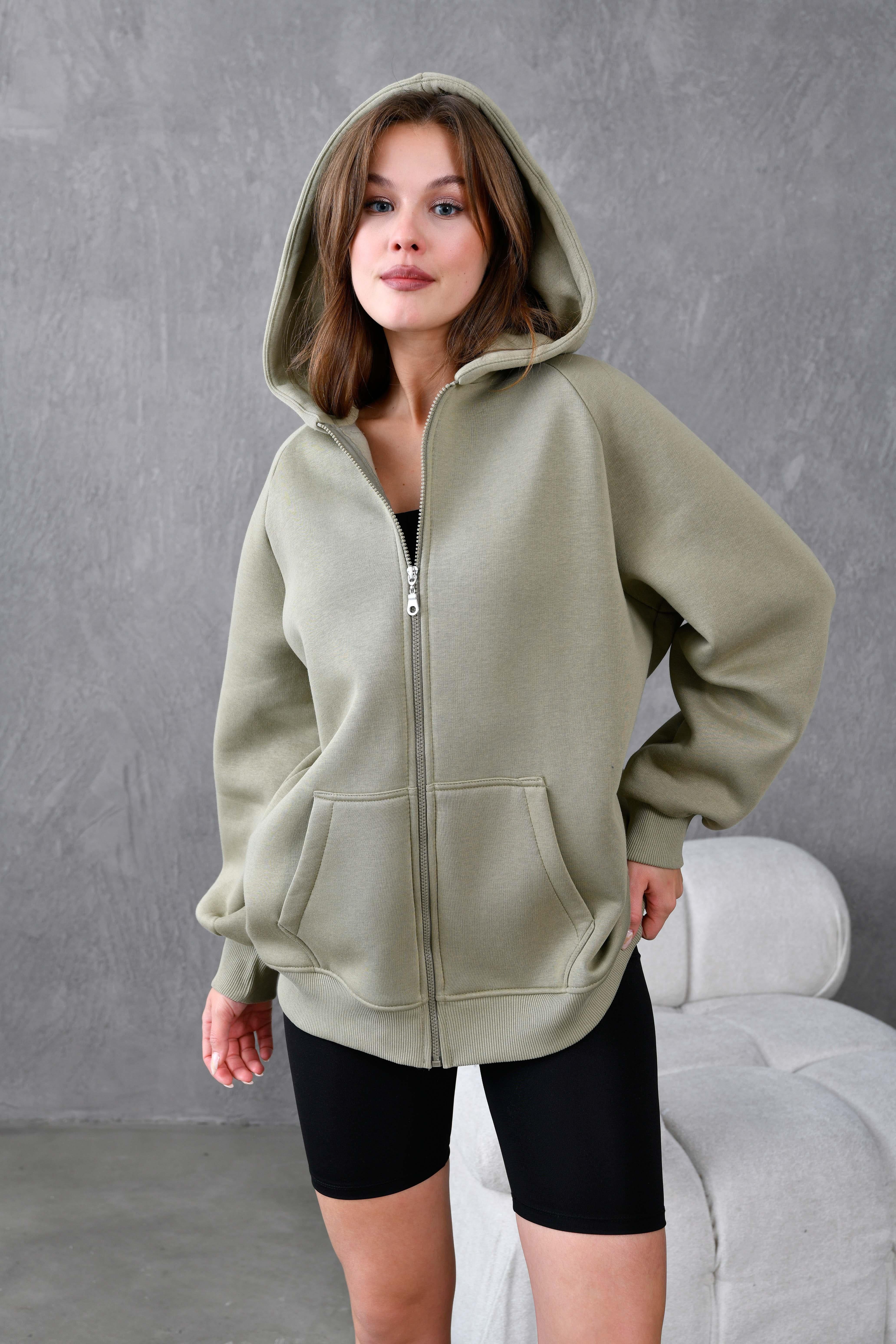 Küf Yeşili Fermuarlı Kapüşonlu Unisex Şardonlu Oversize Sweatshirt 28217