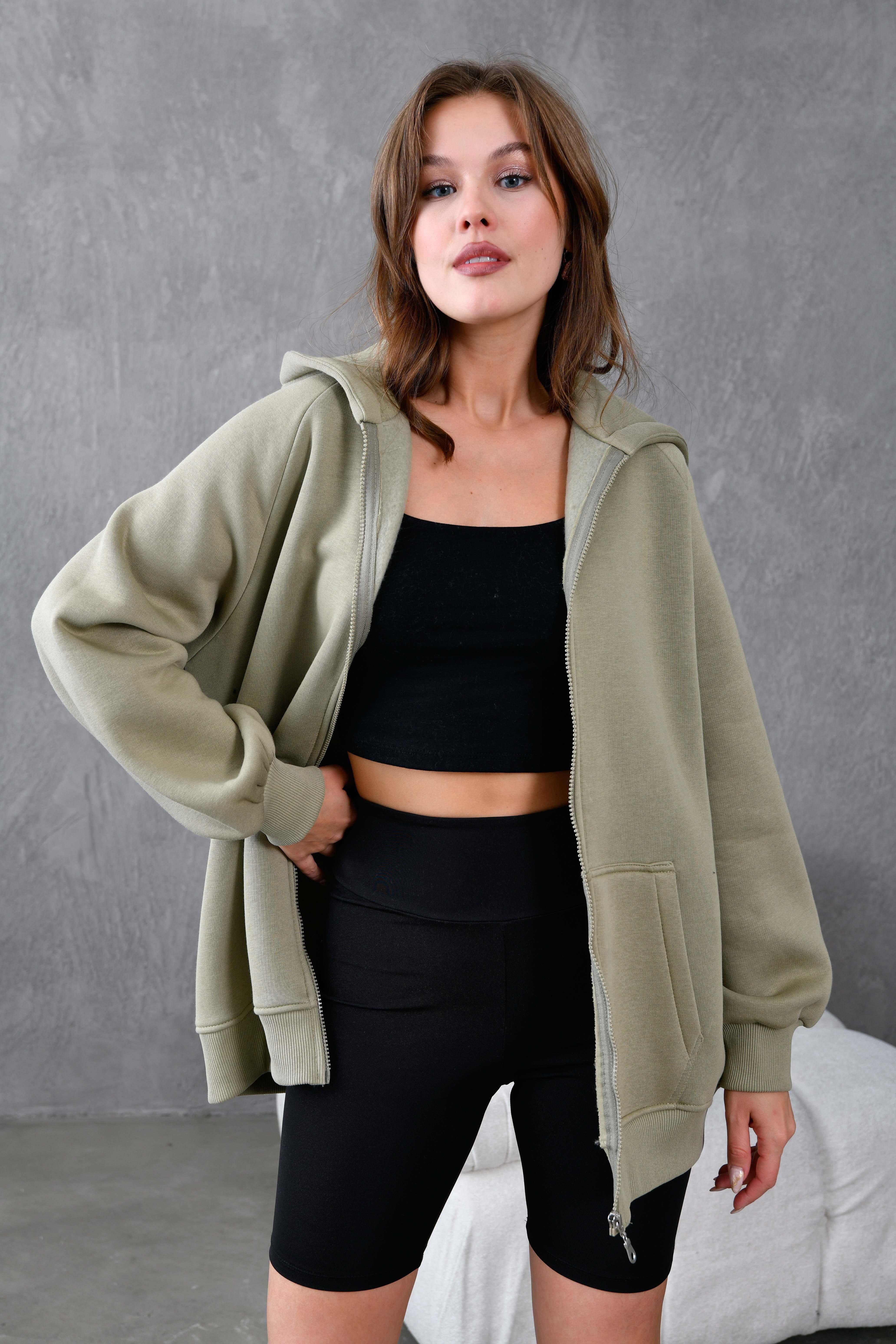 Küf Yeşili Fermuarlı Kapüşonlu Unisex Şardonlu Oversize Sweatshirt 28217