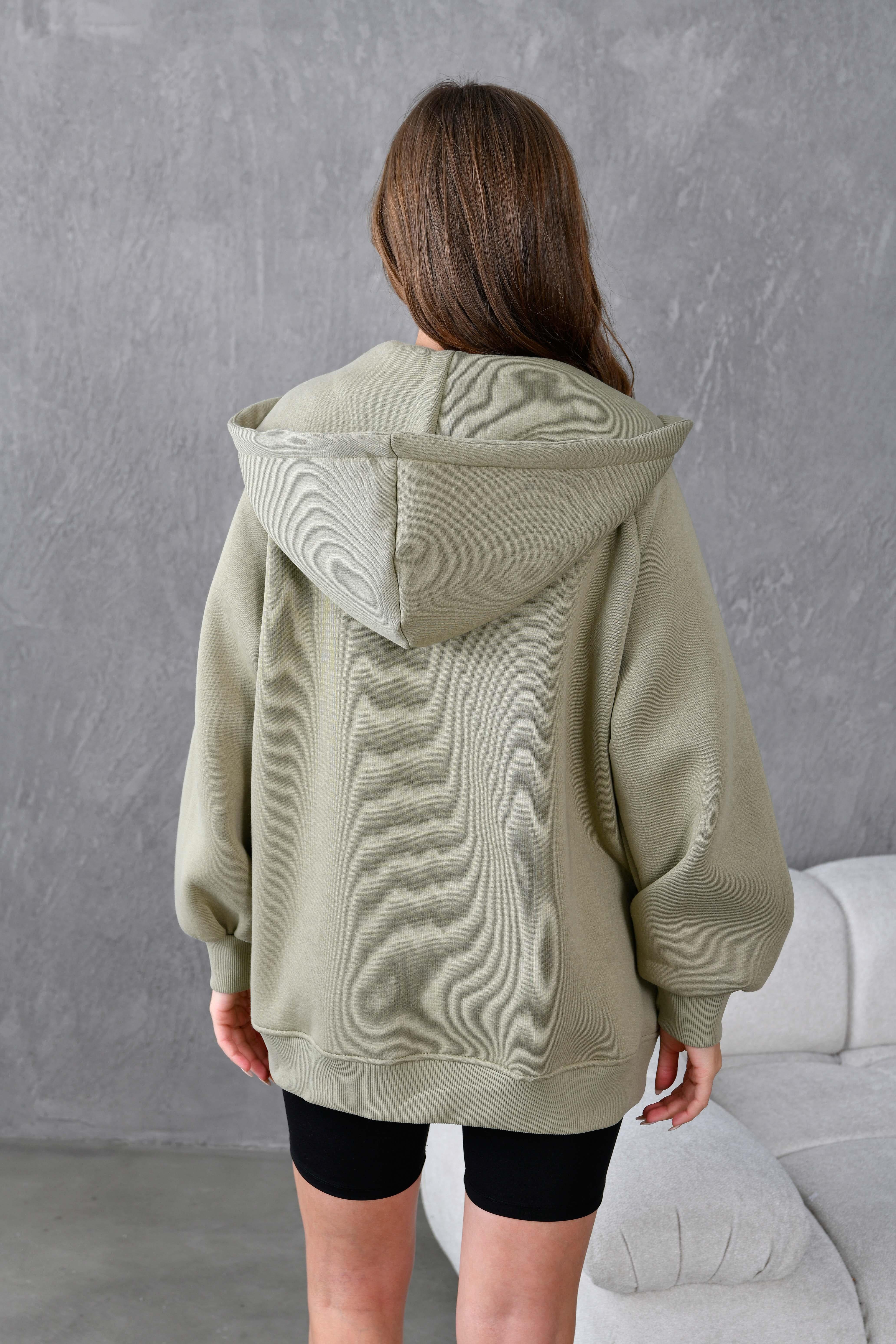 Küf Yeşili Fermuarlı Kapüşonlu Unisex Şardonlu Oversize Sweatshirt 28217
