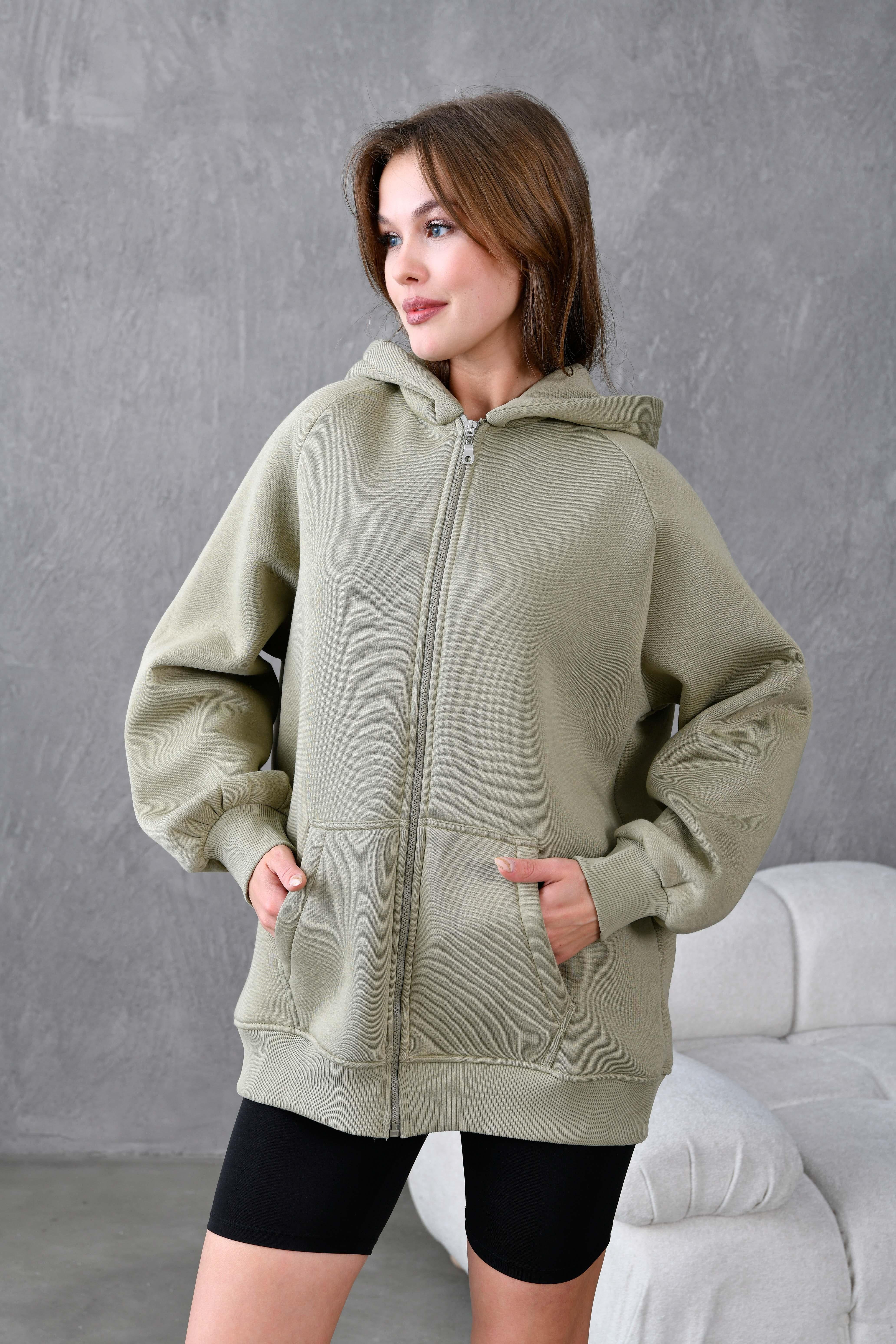 Küf Yeşili Fermuarlı Kapüşonlu Unisex Şardonlu Oversize Sweatshirt 28217