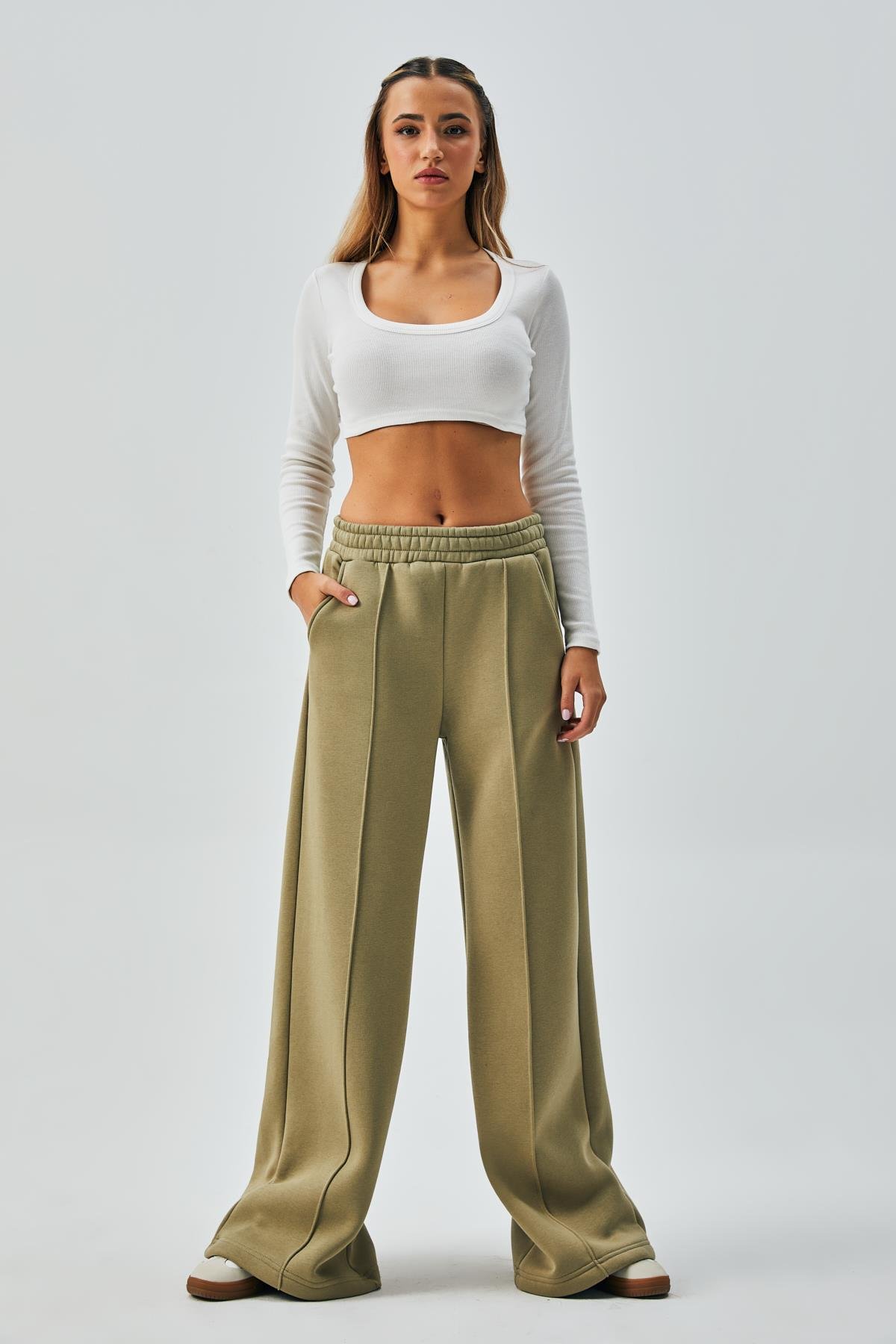 Küf Yeşili Geniş Kesim Beli Lastikli Şardonlu Eşortman Altı 