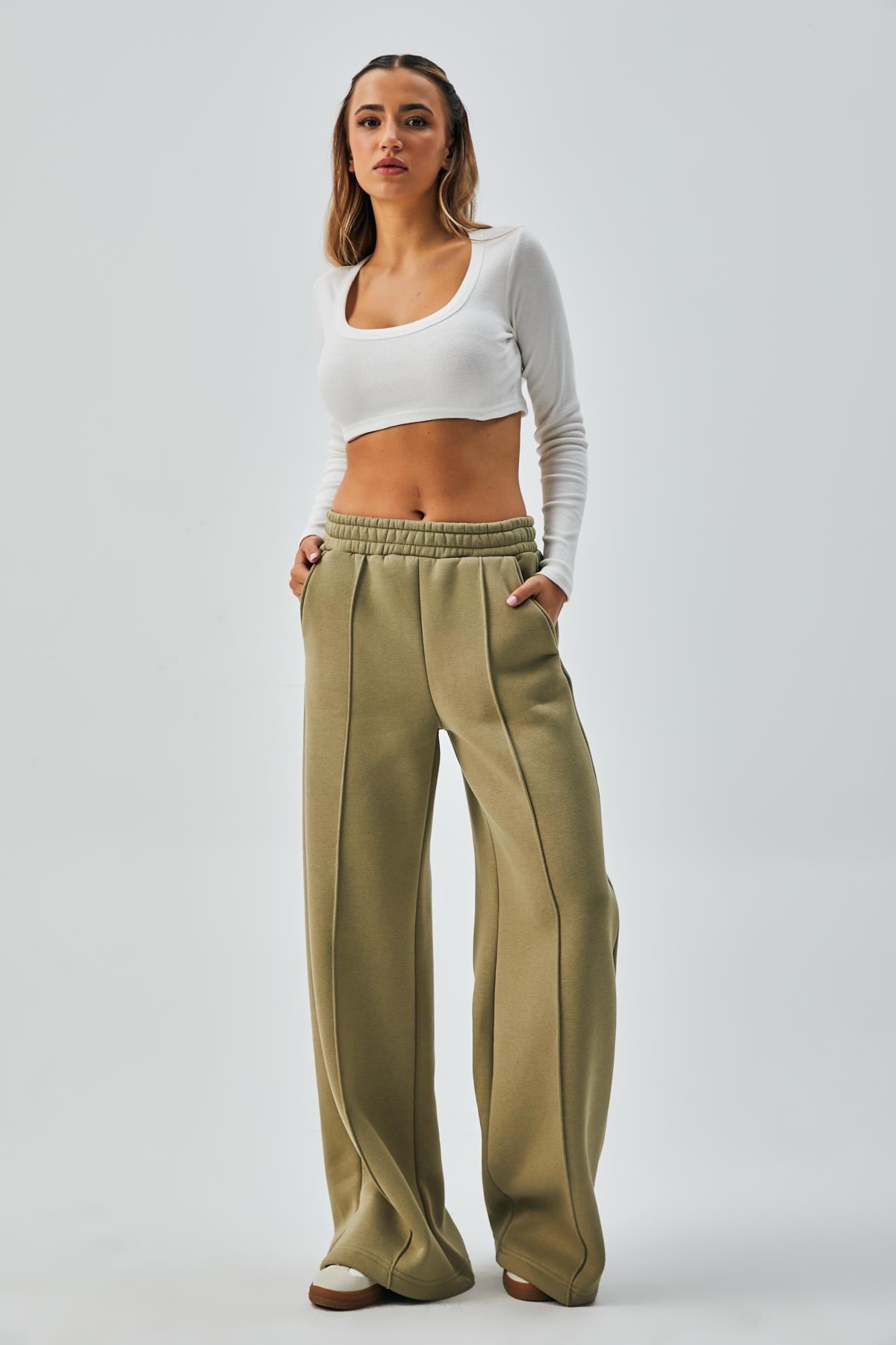 Küf Yeşili Geniş Kesim Beli Lastikli Şardonlu Eşortman Altı 