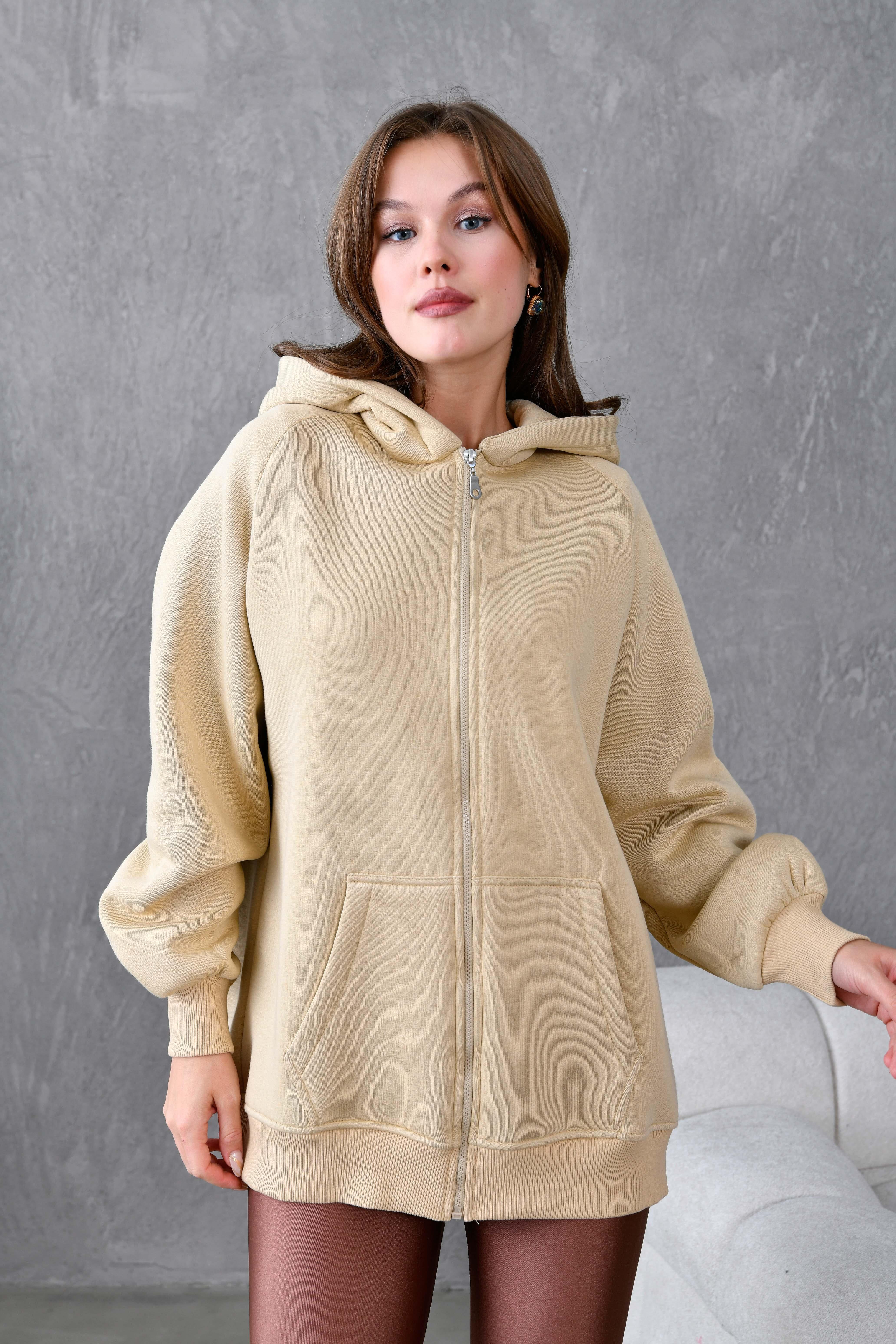 Kum Beji Fermuarlı Kapüşonlu Unisex Şardonlu Oversize Sweatshirt 28217