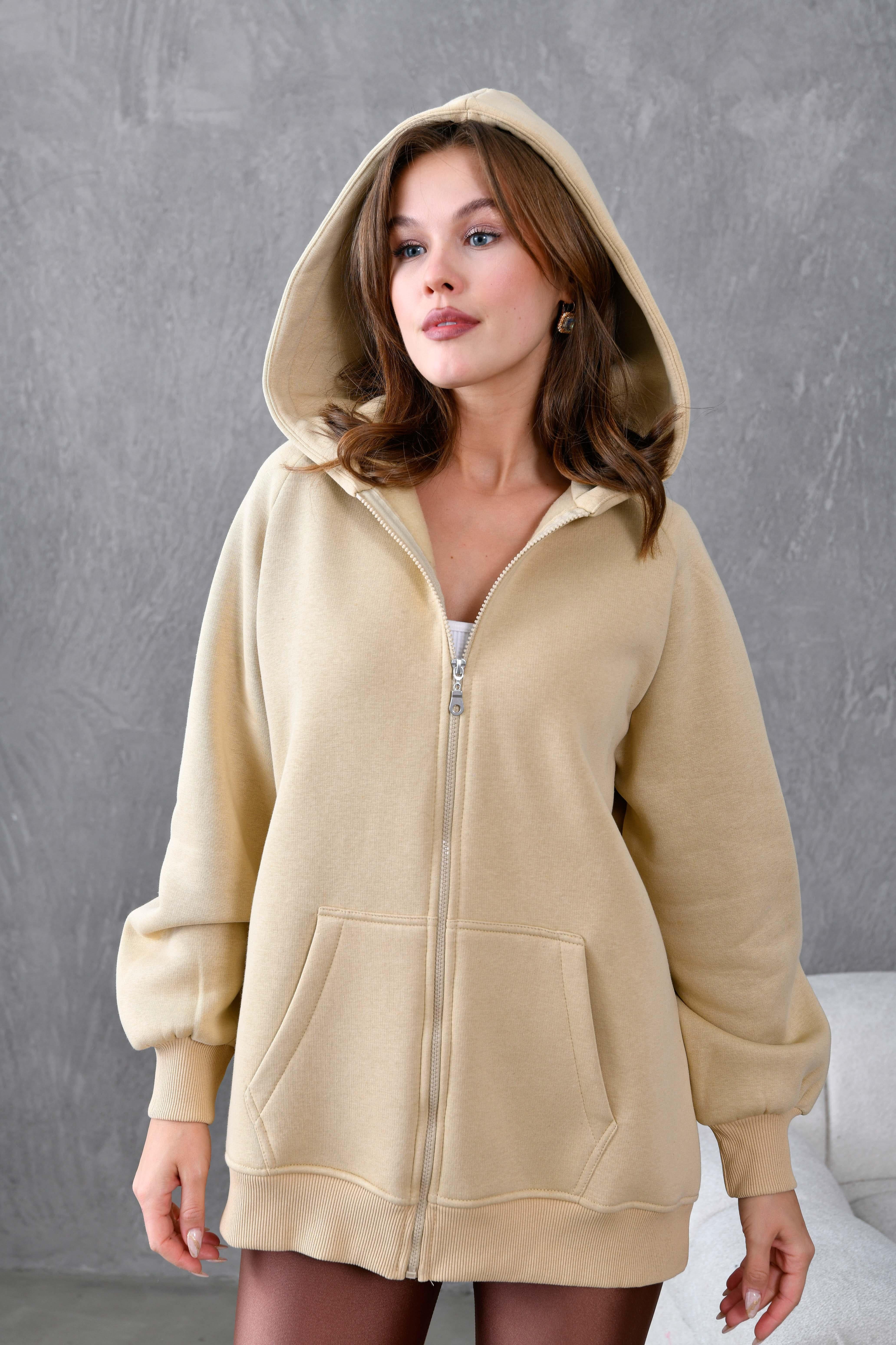 Kum Beji Fermuarlı Kapüşonlu Unisex Şardonlu Oversize Sweatshirt 28217