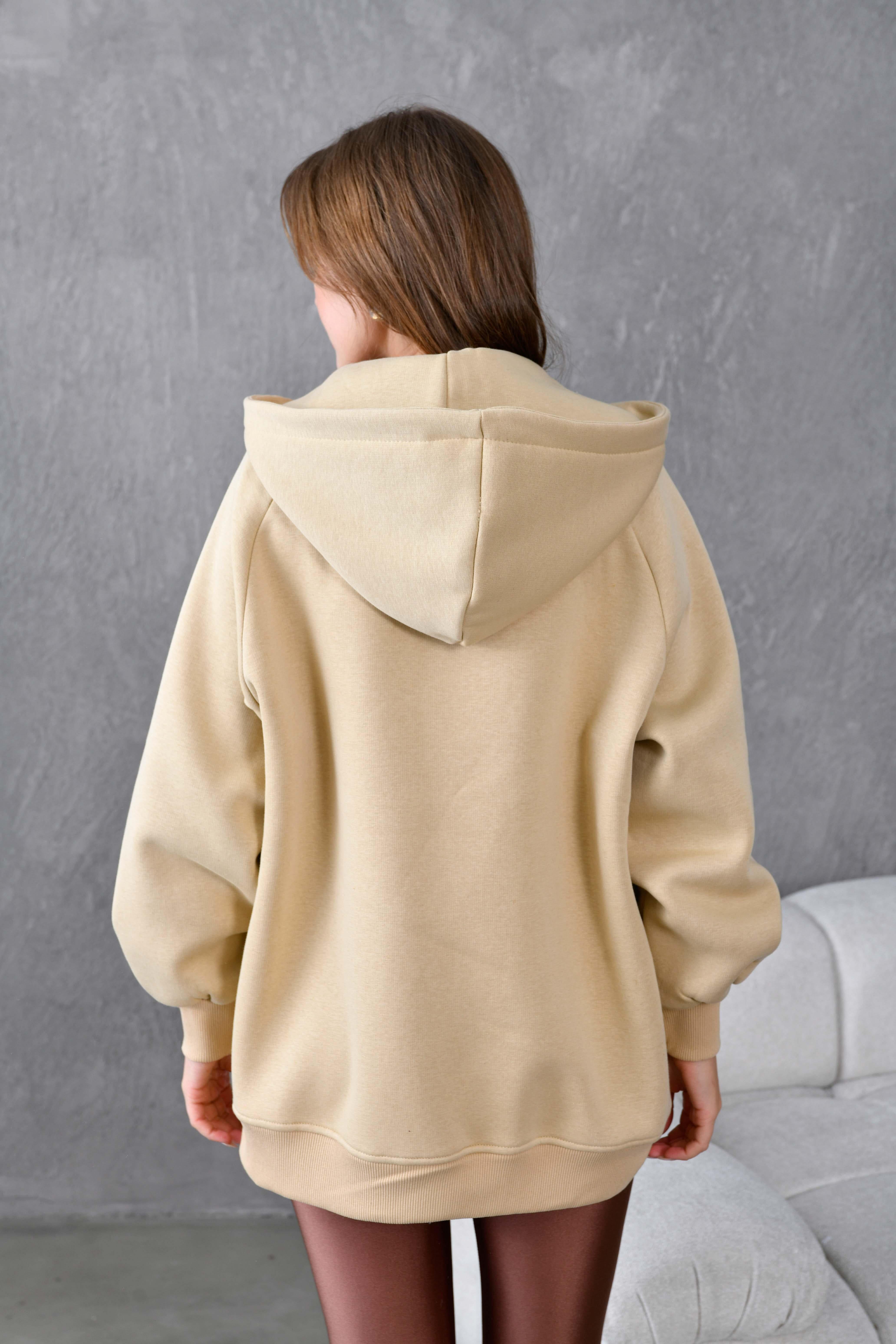 Kum Beji Fermuarlı Kapüşonlu Unisex Şardonlu Oversize Sweatshirt 28217