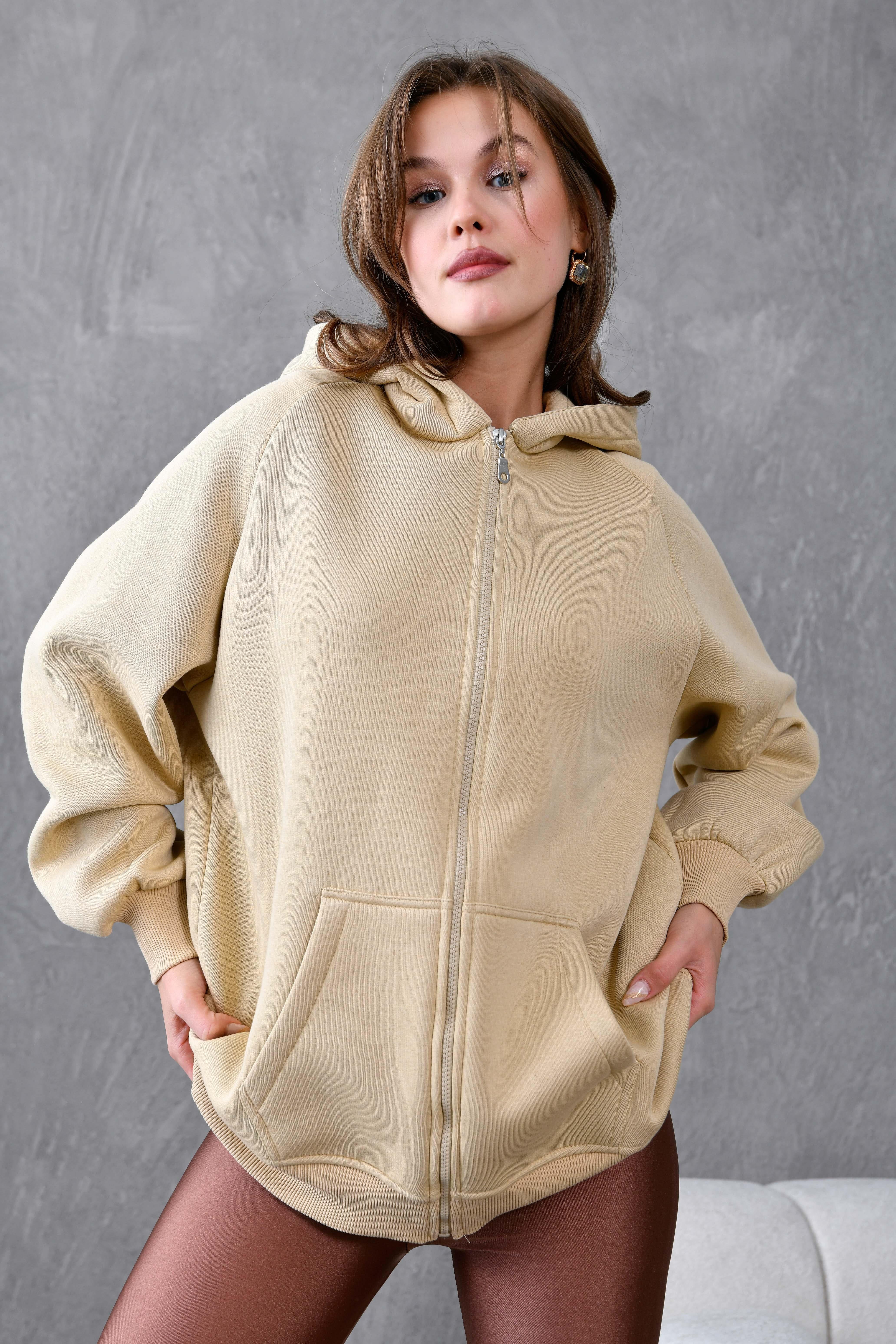 Kum Beji Fermuarlı Kapüşonlu Unisex Şardonlu Oversize Sweatshirt 28217