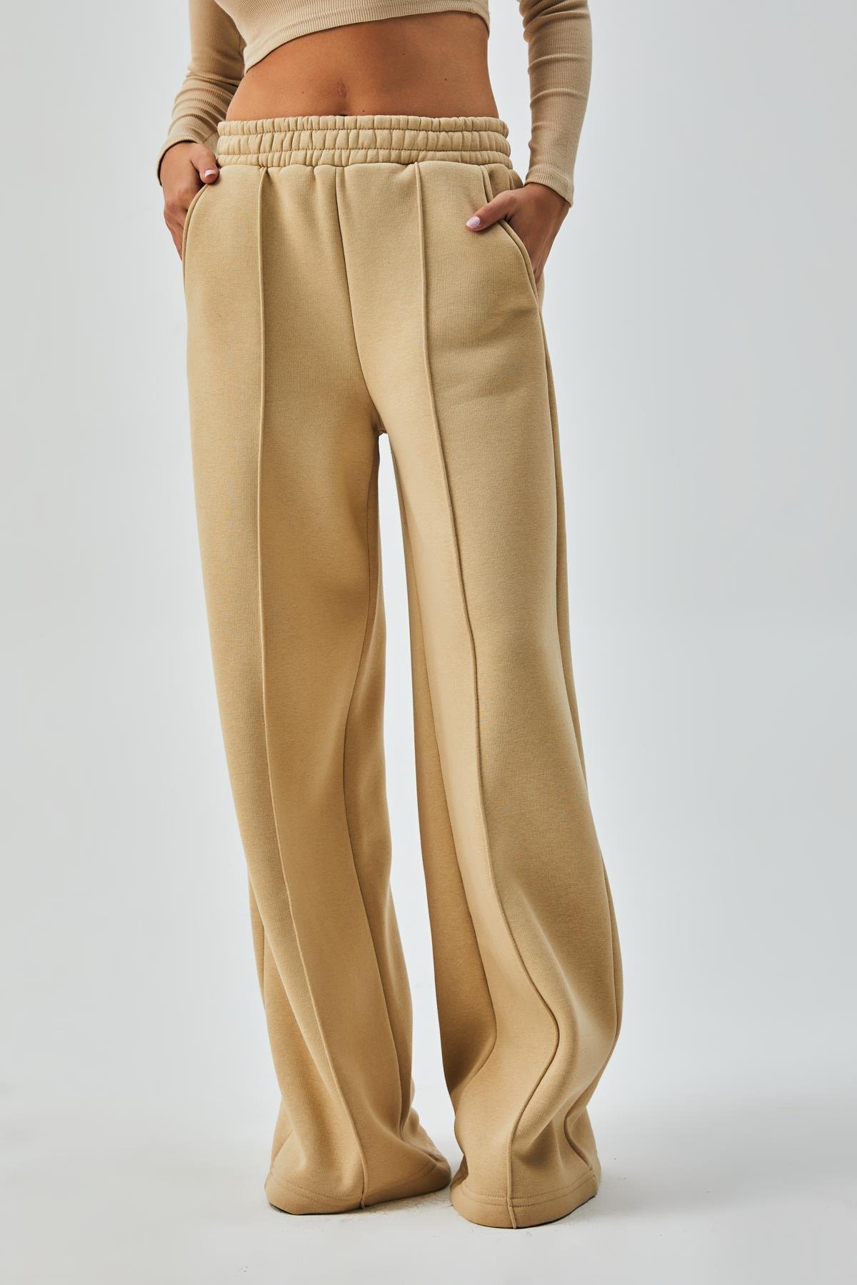 Kum Beji Geniş Kesim Beli Lastikli Şardonlu Eşortman Altı 