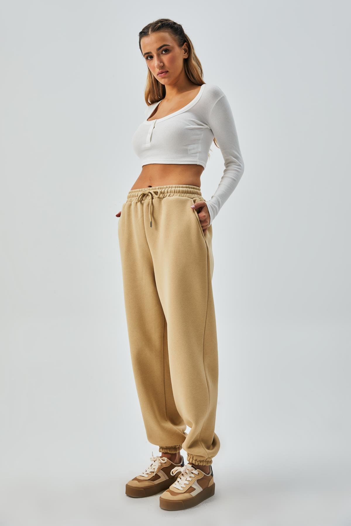 Kum Beji Lastikli Şardonlu Basic Eşofman Altı 26262