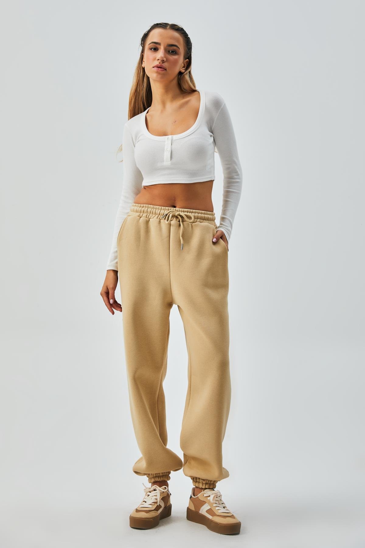 Kum Beji Lastikli Şardonlu Basic Eşofman Altı 26262