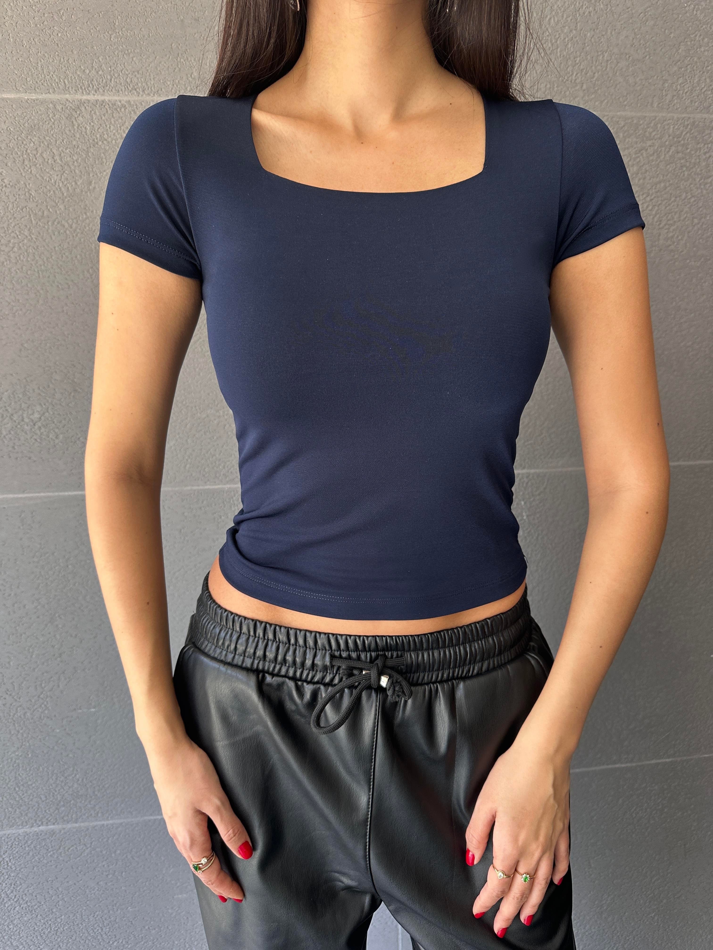 Lacivert Kare Yaka Kısa Kollu Slimfit Basic Body 27174