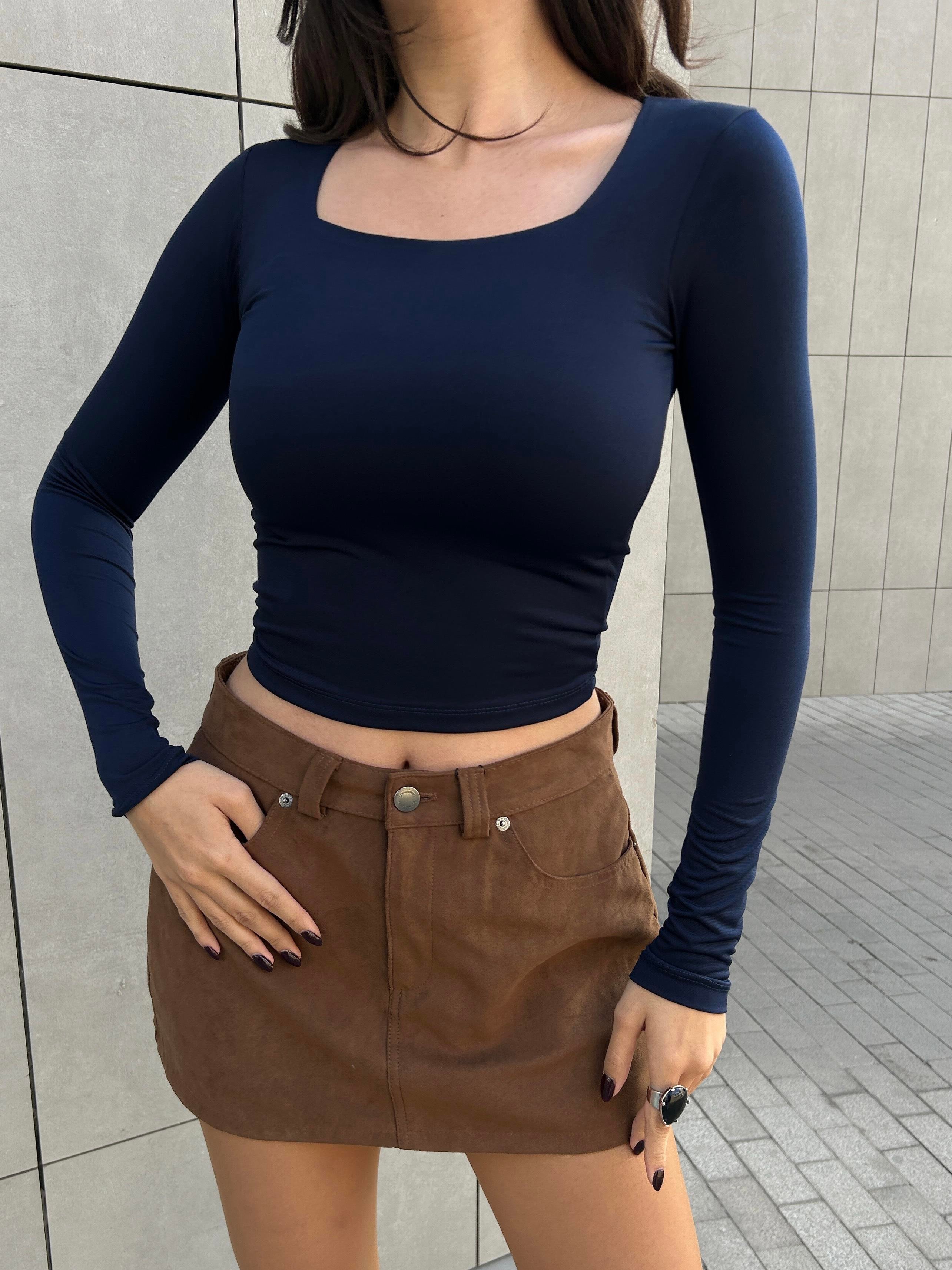 Lacivert Kare Yaka Uzun Kollu Slimfit Basic Body 27053