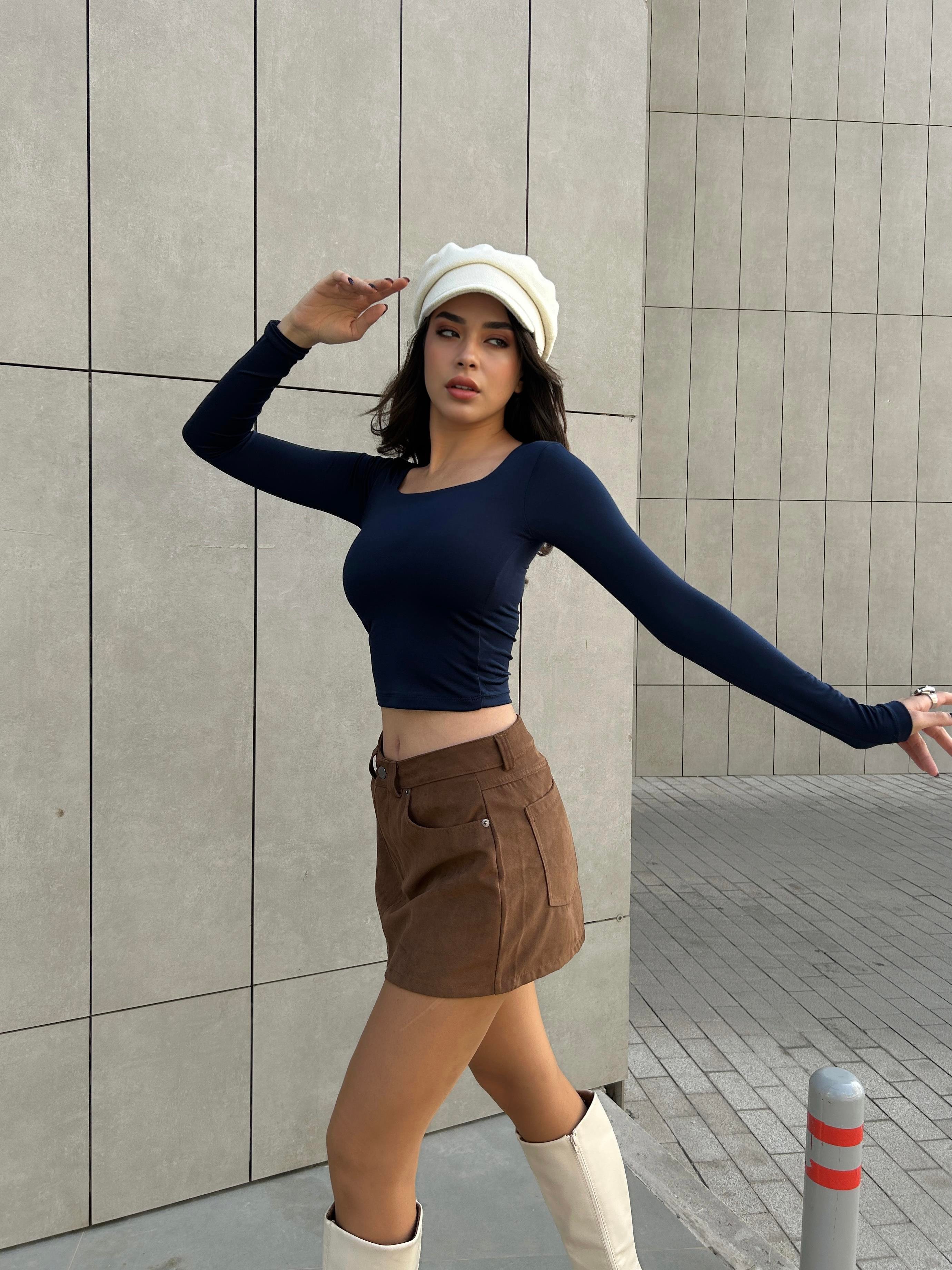 Lacivert Kare Yaka Uzun Kollu Slimfit Basic Body 27053