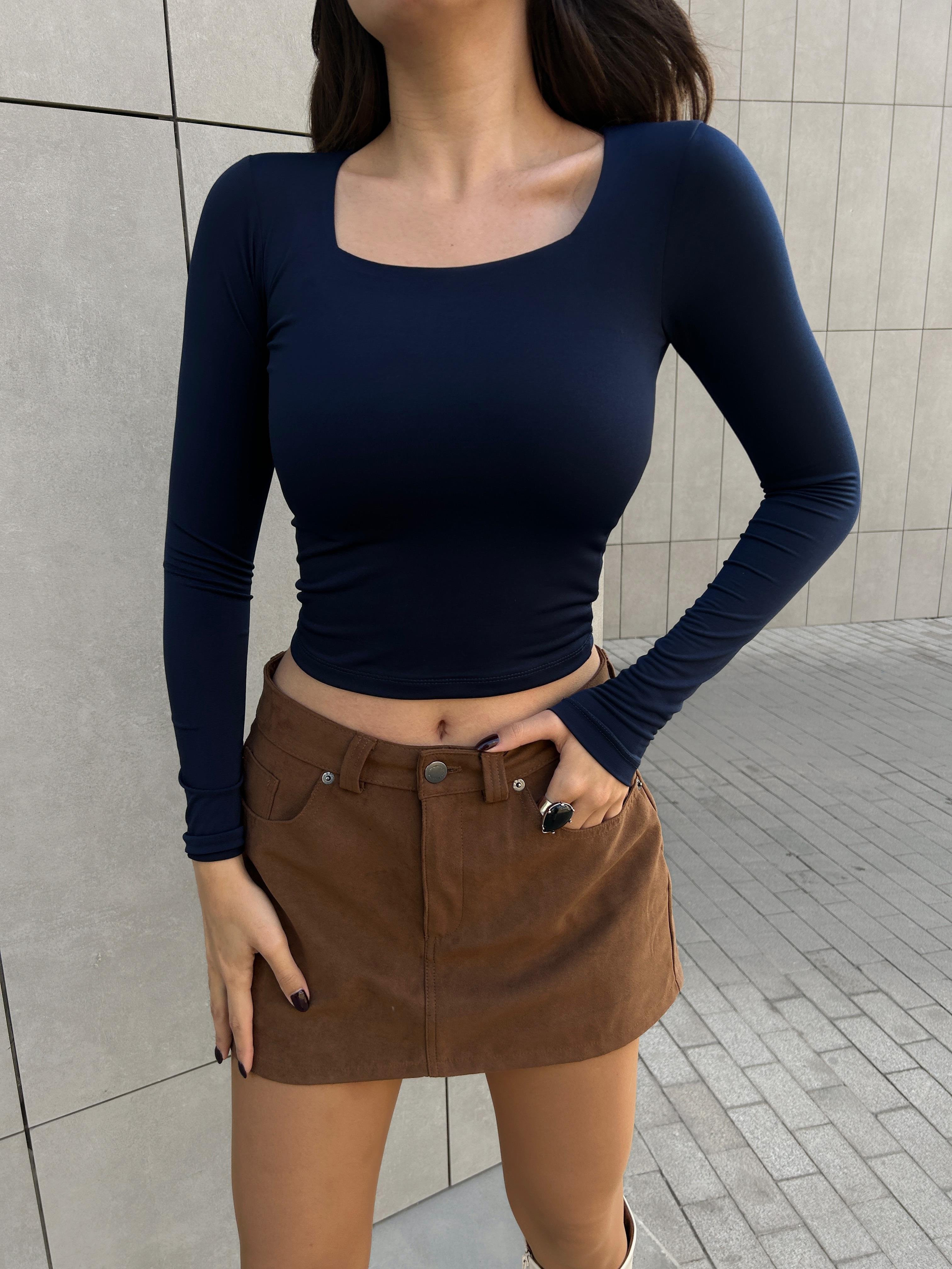 Lacivert Kare Yaka Uzun Kollu Slimfit Basic Body 27053