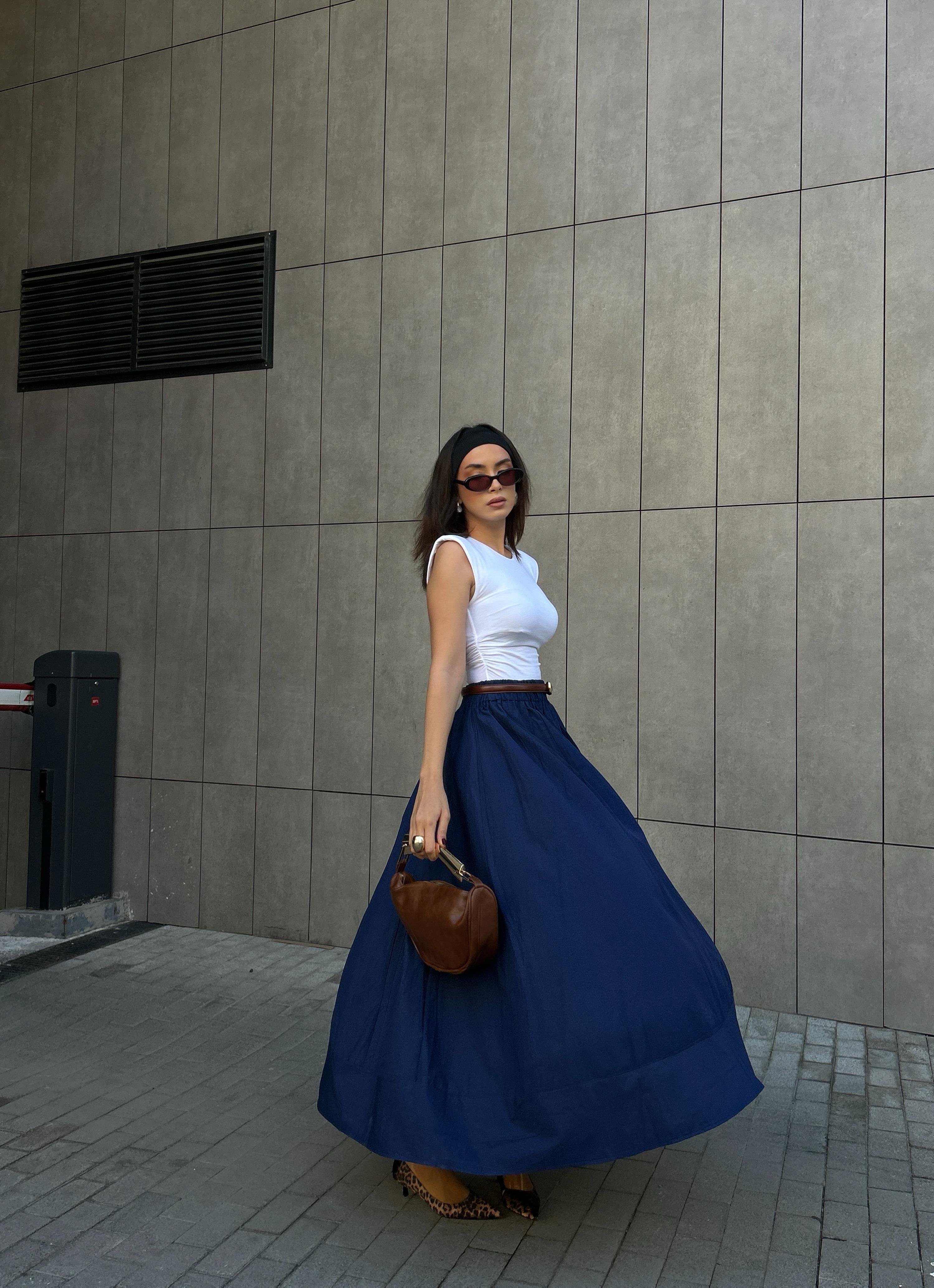 Lacivert Poplin Beli Lastikli Uzun Etek 27321