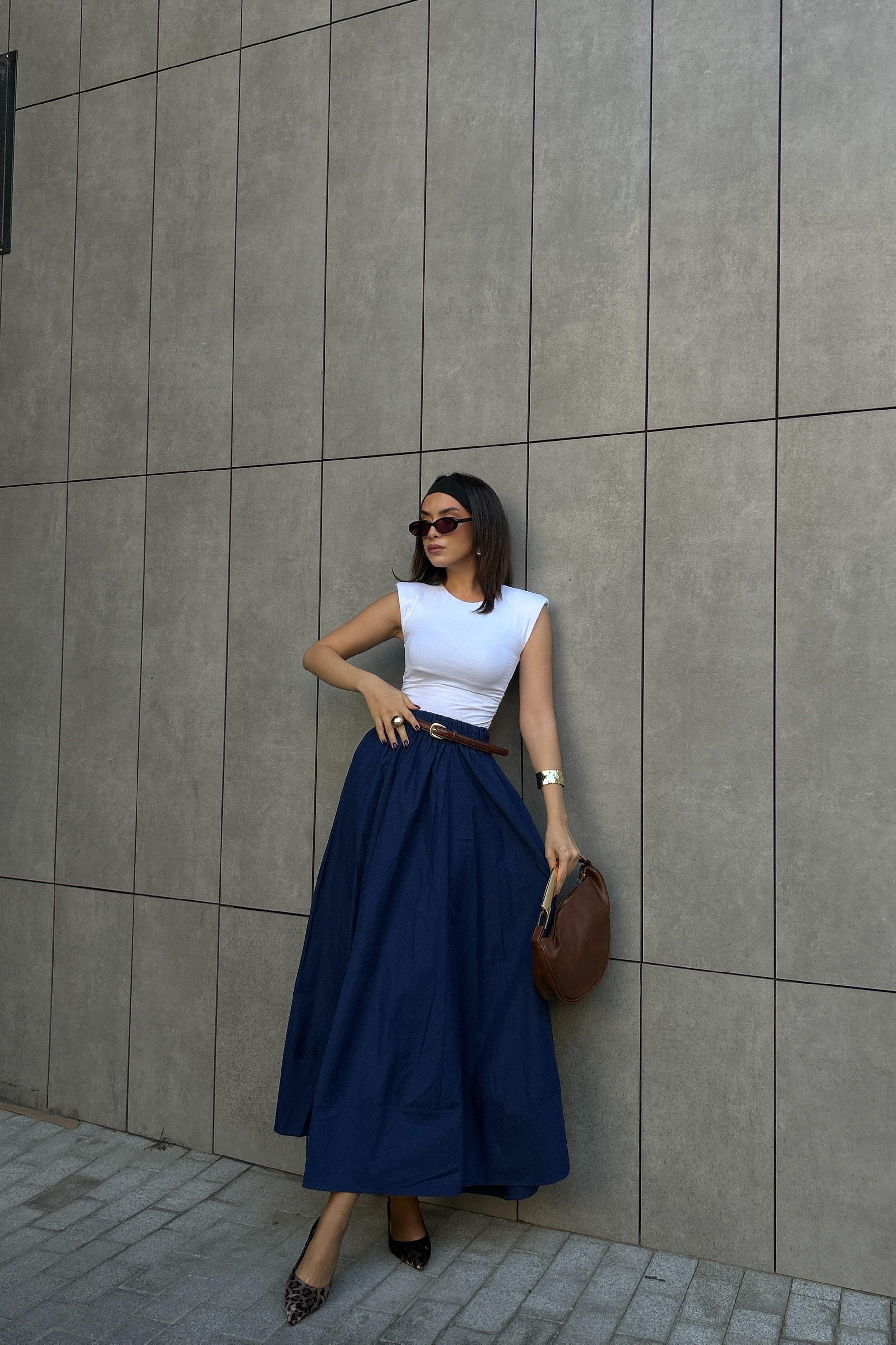 Lacivert Poplin Beli Lastikli Uzun Etek 27321