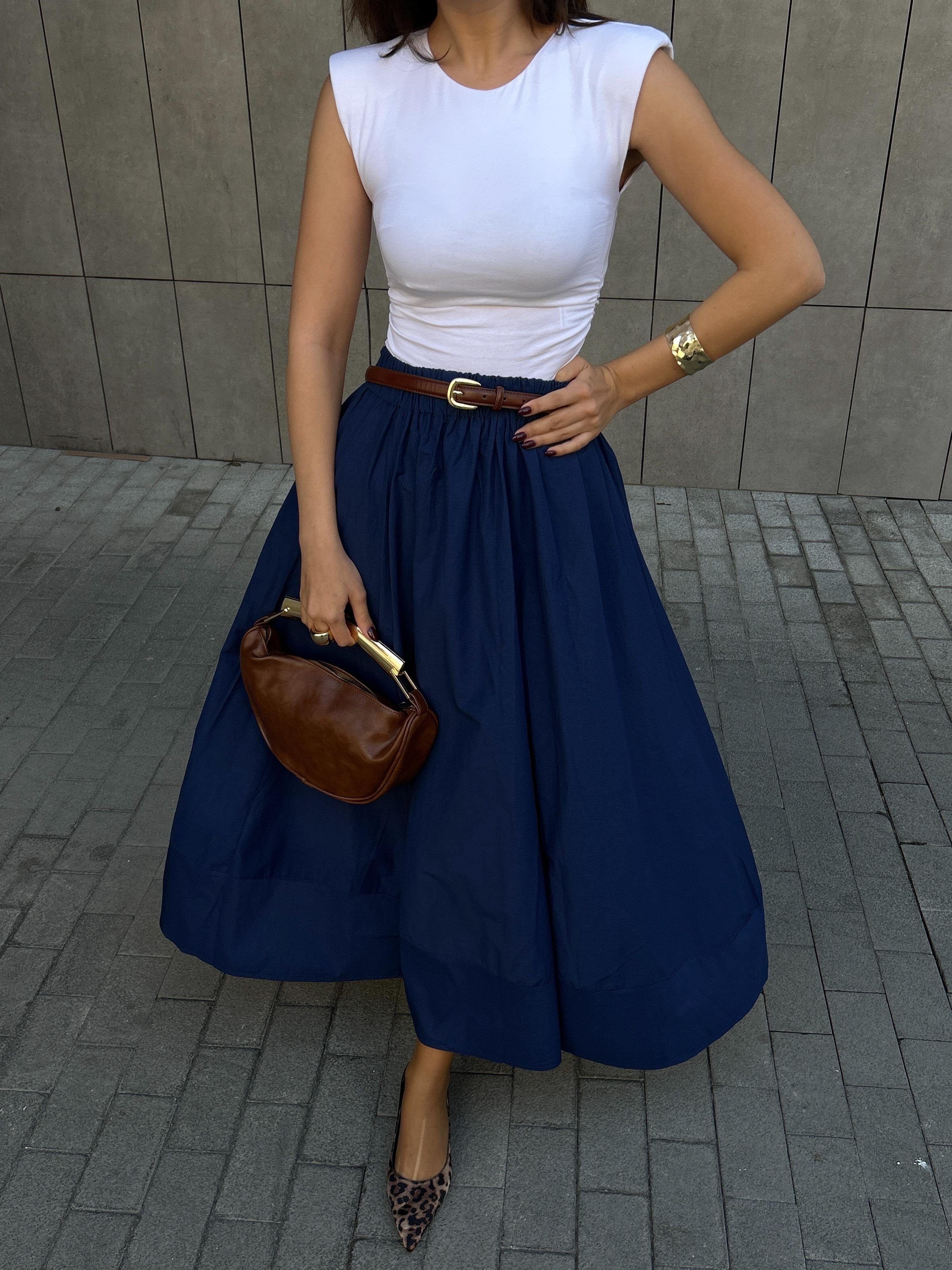 Lacivert Poplin Beli Lastikli Uzun Etek 27321