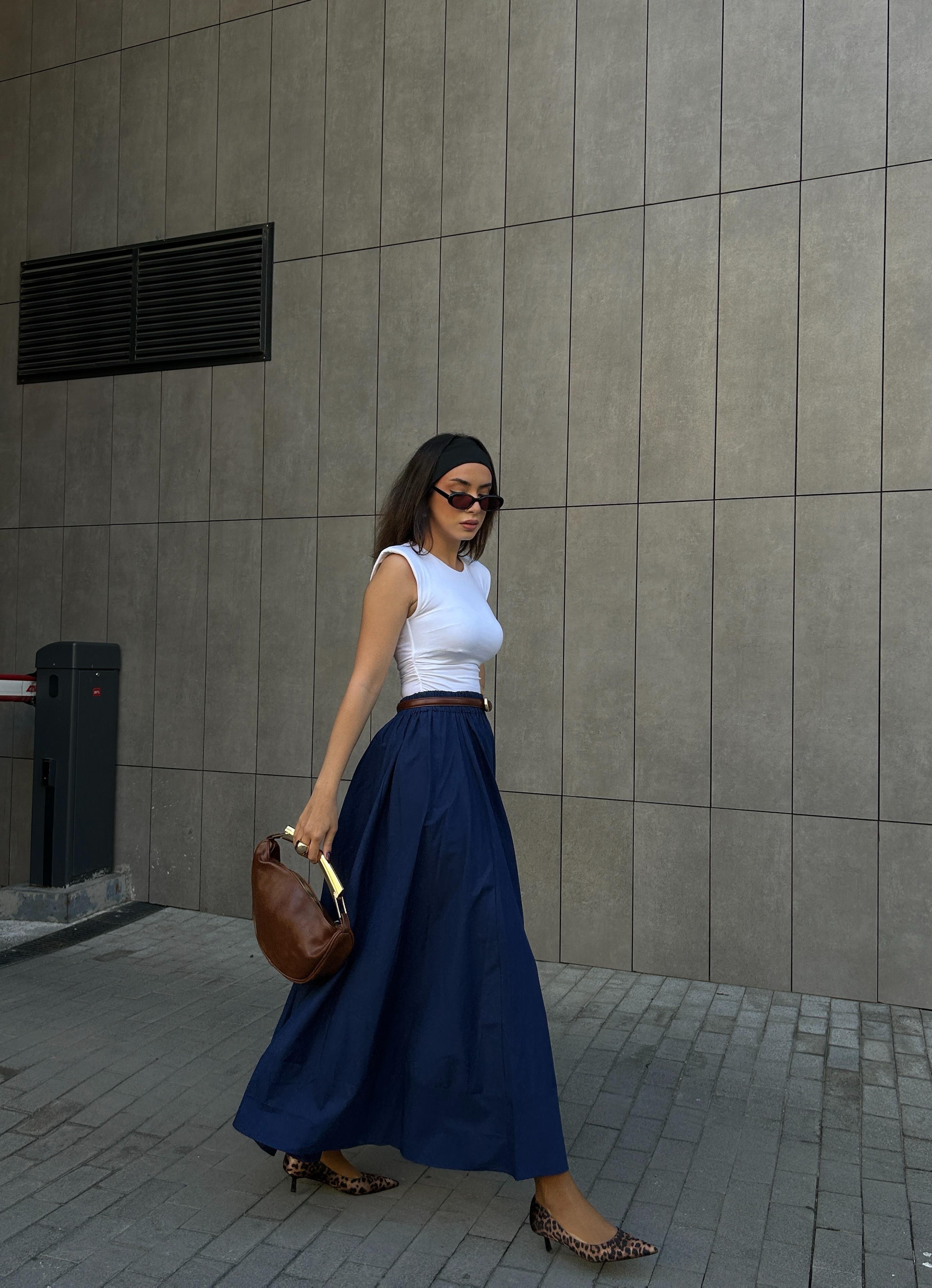 Lacivert Poplin Beli Lastikli Uzun Etek 27321