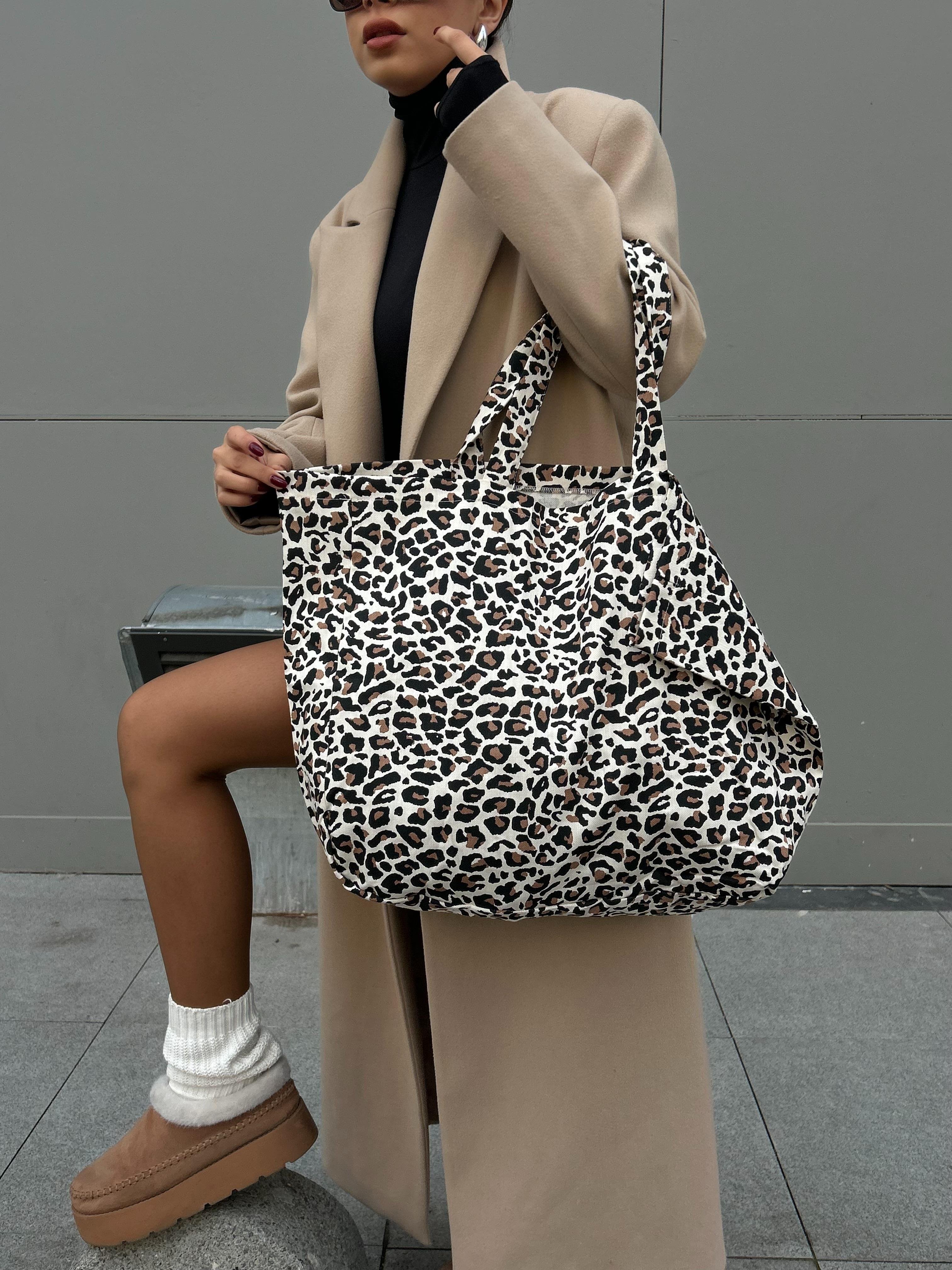 Leopar Desenli Oversize Kanvas Bez Çanta 