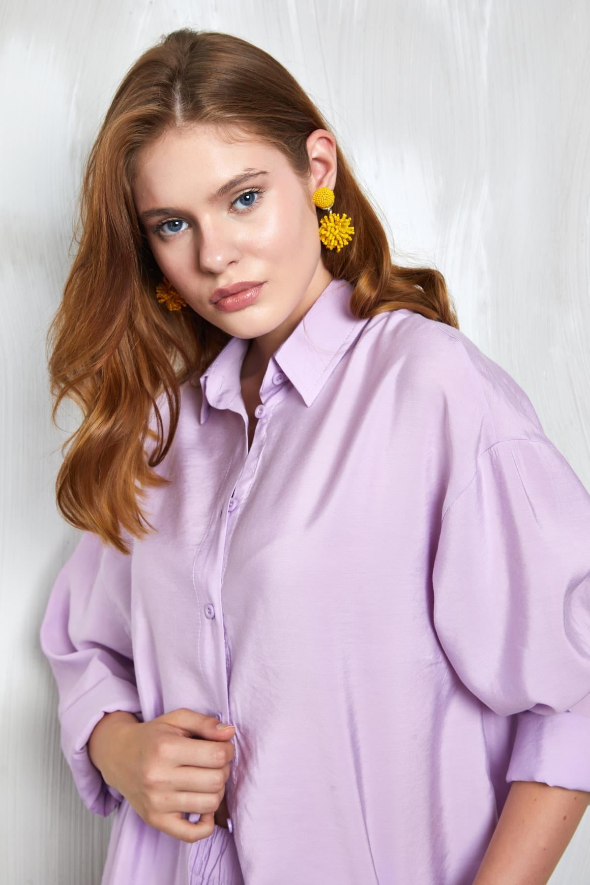 Lila Modal Kumaş Oversize Gömlek/Şort Alt-Üst Takım 27376