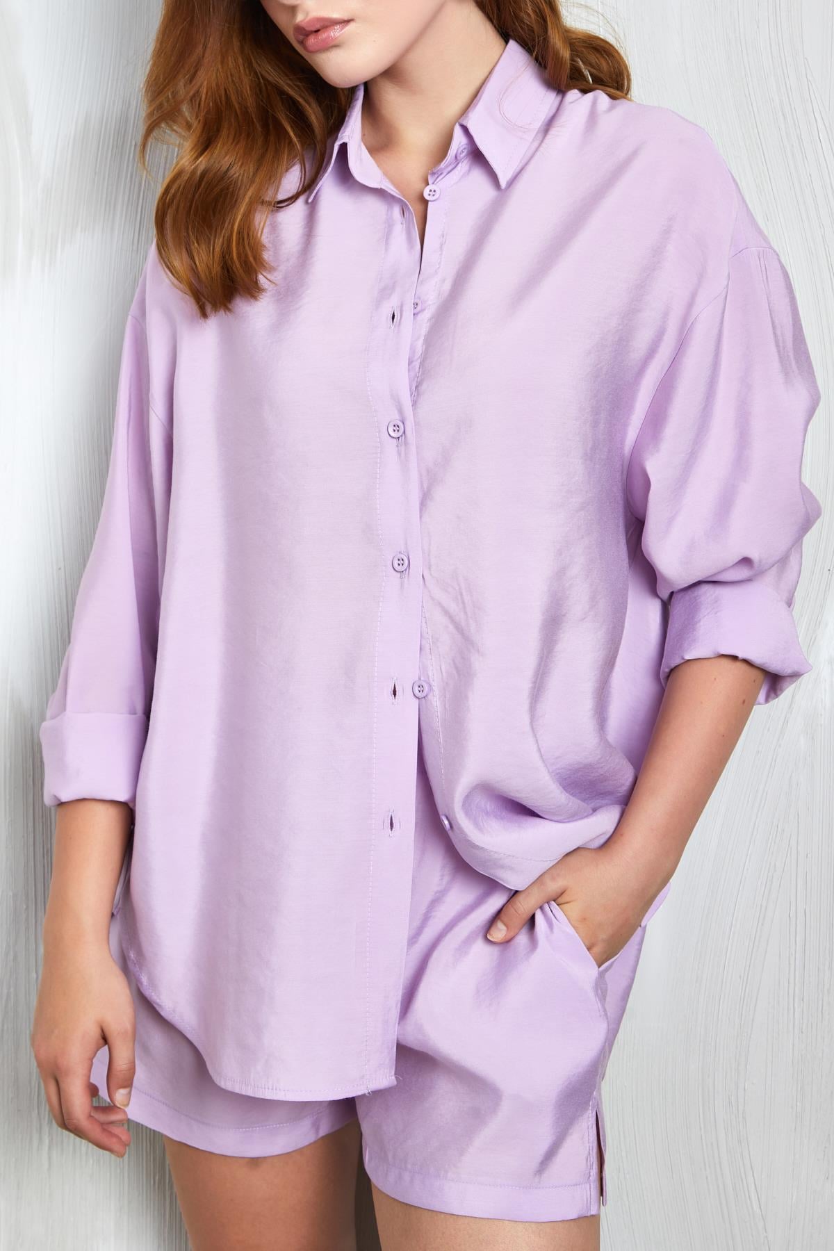 Lila Modal Kumaş Oversize Gömlek/Şort Alt-Üst Takım 27376