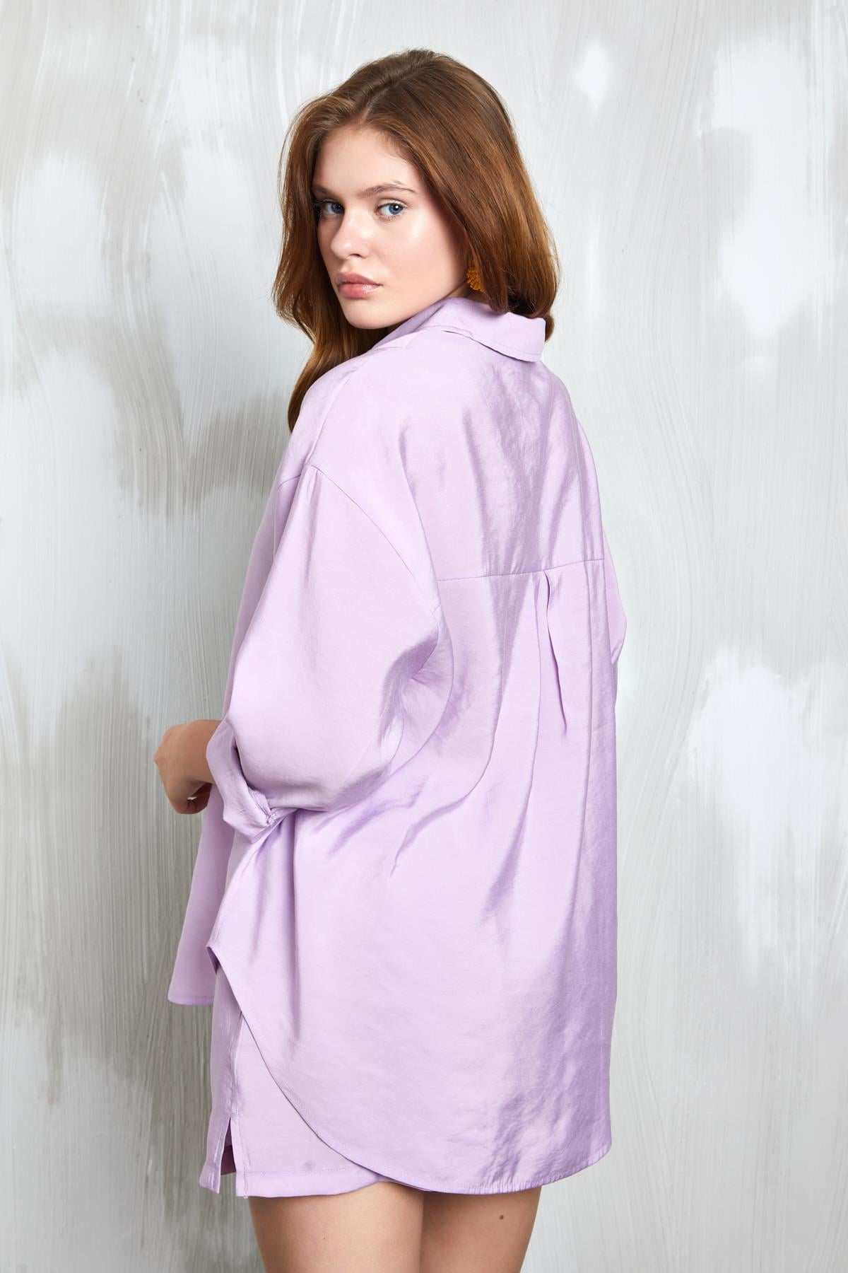 Lila Modal Kumaş Oversize Gömlek/Şort Alt-Üst Takım 27376