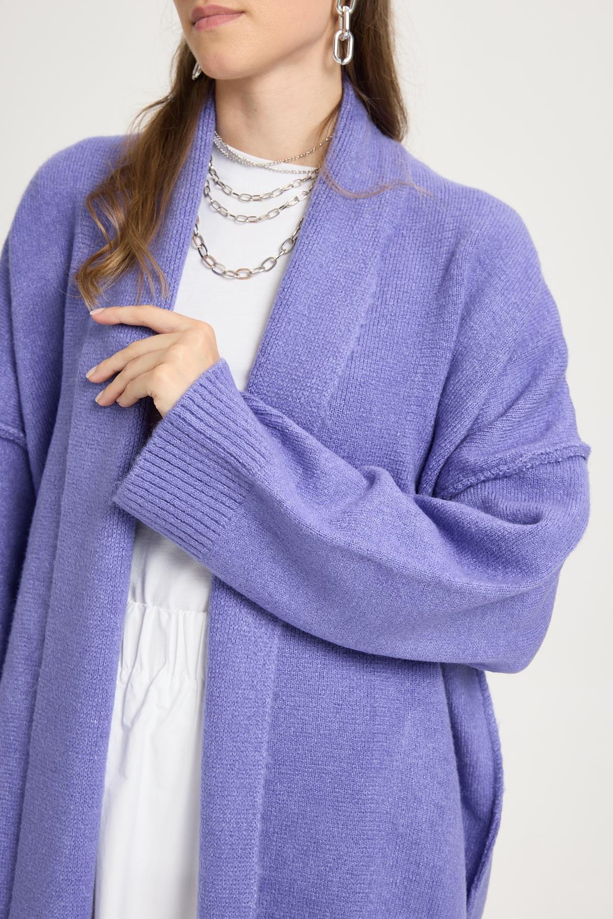 Lila Pis Dikiş Detaylı Uzun Oversize Yumoş Triko Hırka 26257