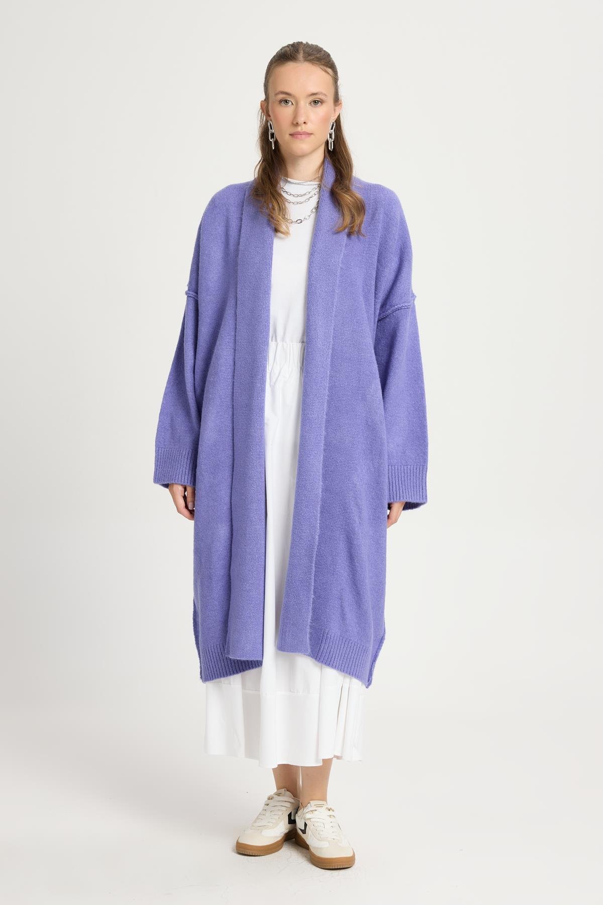 Lila Pis Dikiş Detaylı Uzun Oversize Yumoş Triko Hırka 26257