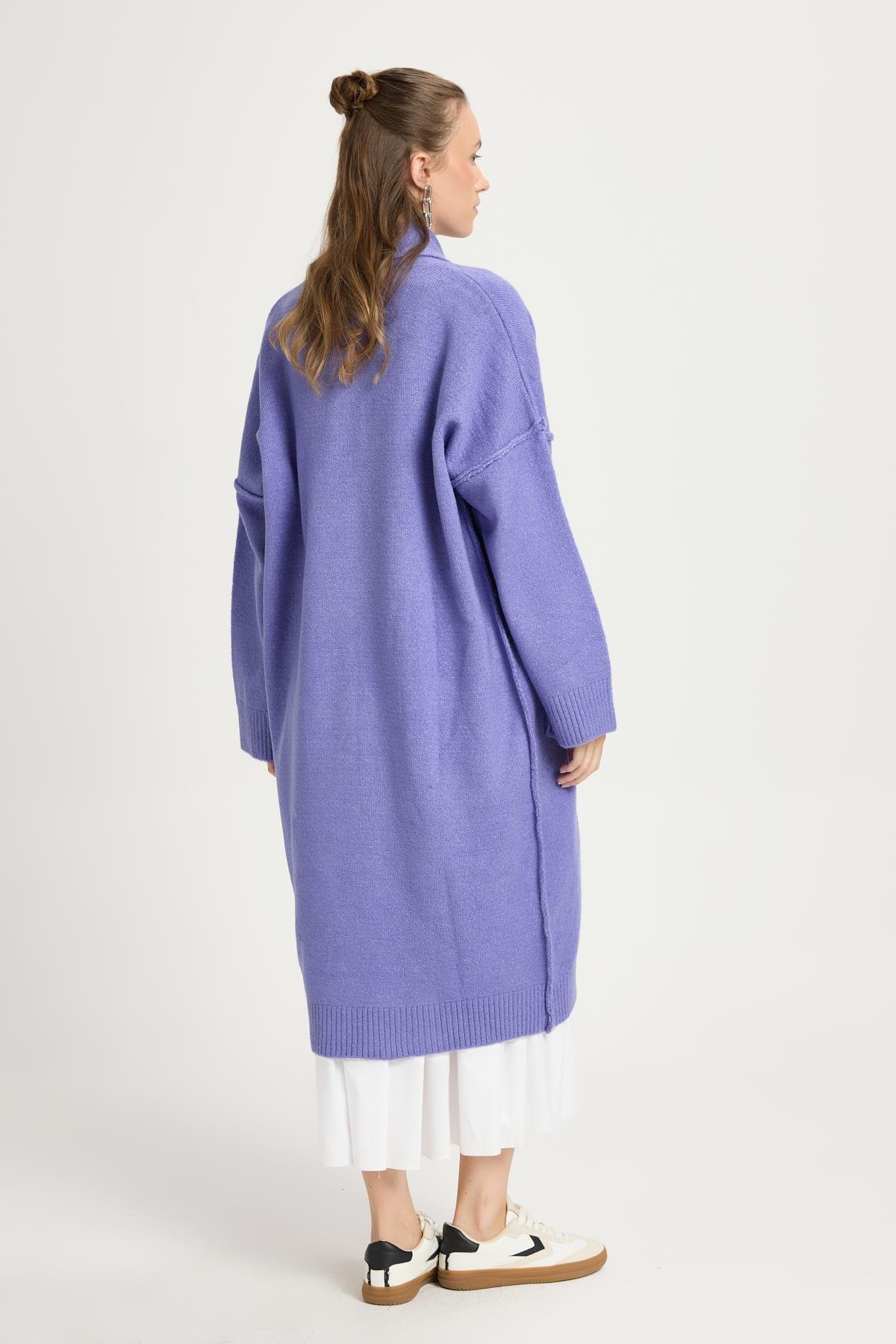 Lila Pis Dikiş Detaylı Uzun Oversize Yumoş Triko Hırka 26257