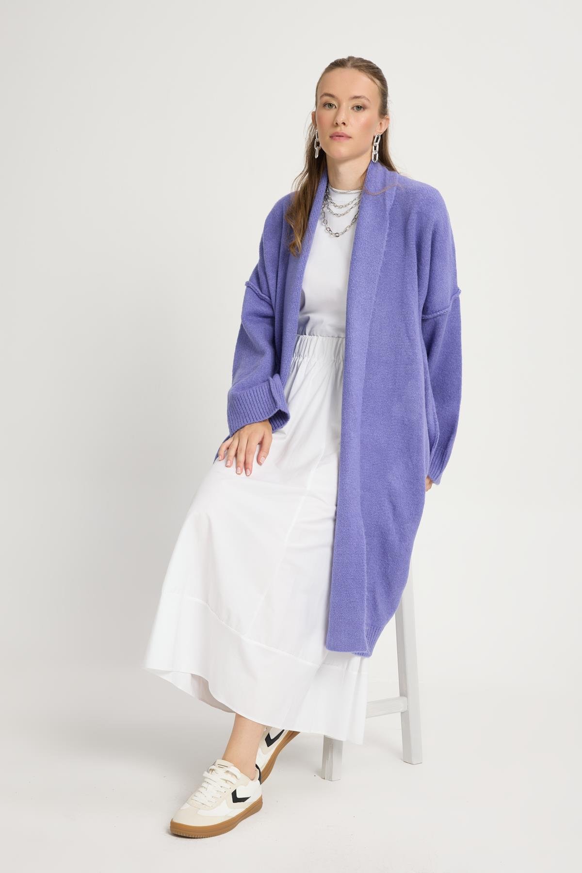 Lila Pis Dikiş Detaylı Uzun Oversize Yumoş Triko Hırka 26257