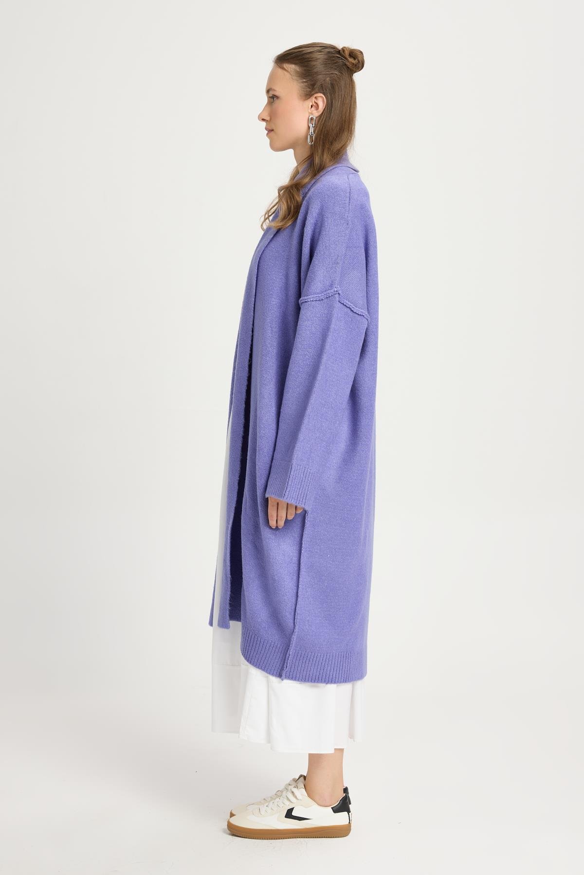 Lila Pis Dikiş Detaylı Uzun Oversize Yumoş Triko Hırka 26257