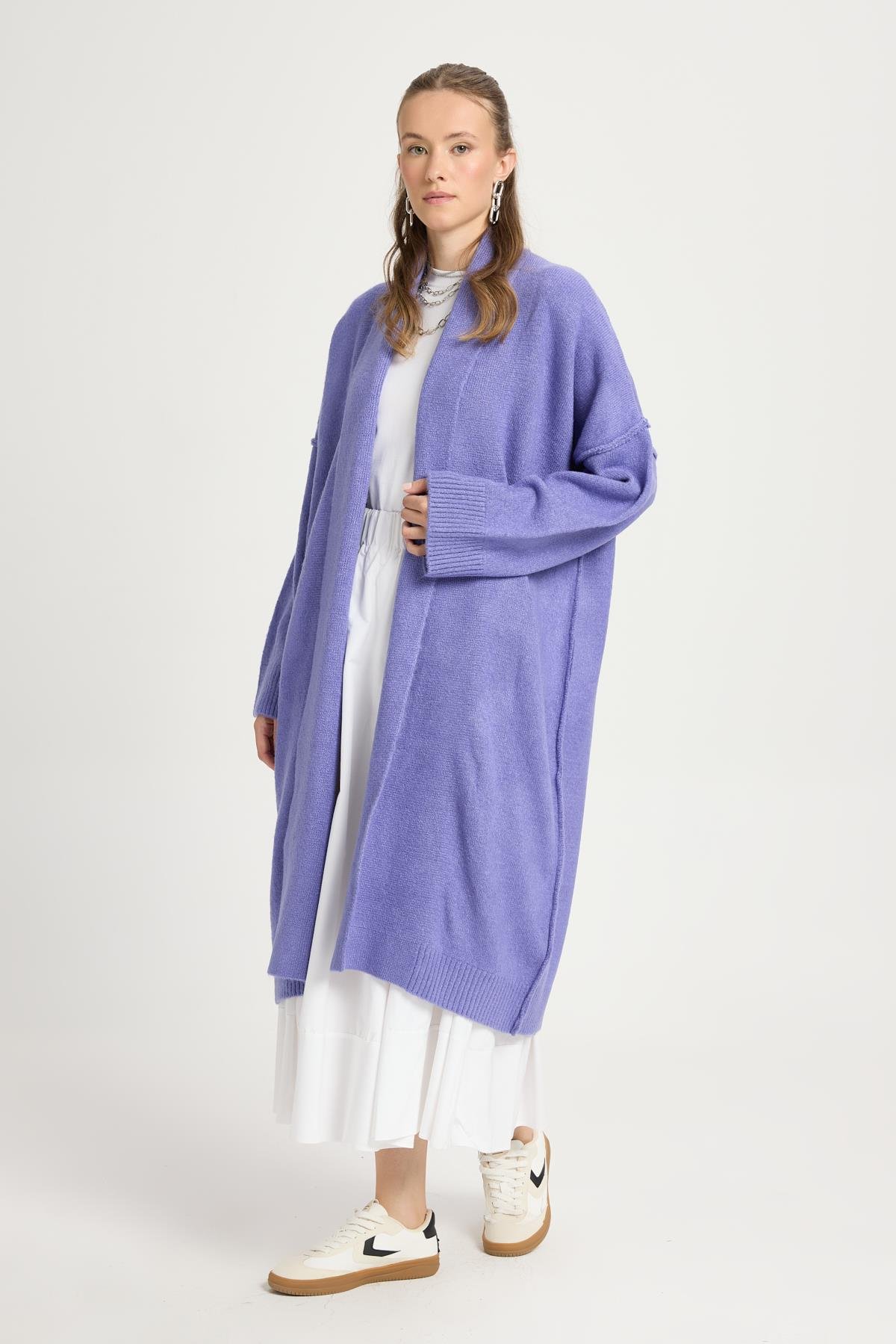 Lila Pis Dikiş Detaylı Uzun Oversize Yumoş Triko Hırka 26257